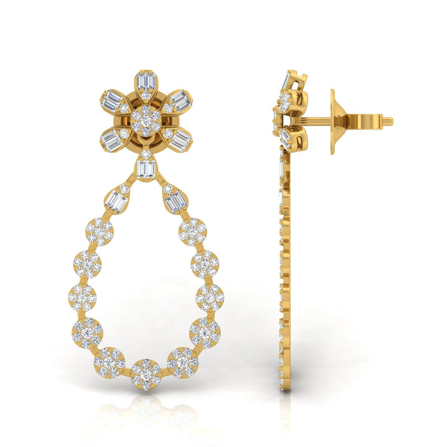 Modern 2 Carat SI/H Baguette Round Brilliant Cut Diamond Earrings 18 Karat Yellow Gold For Sale