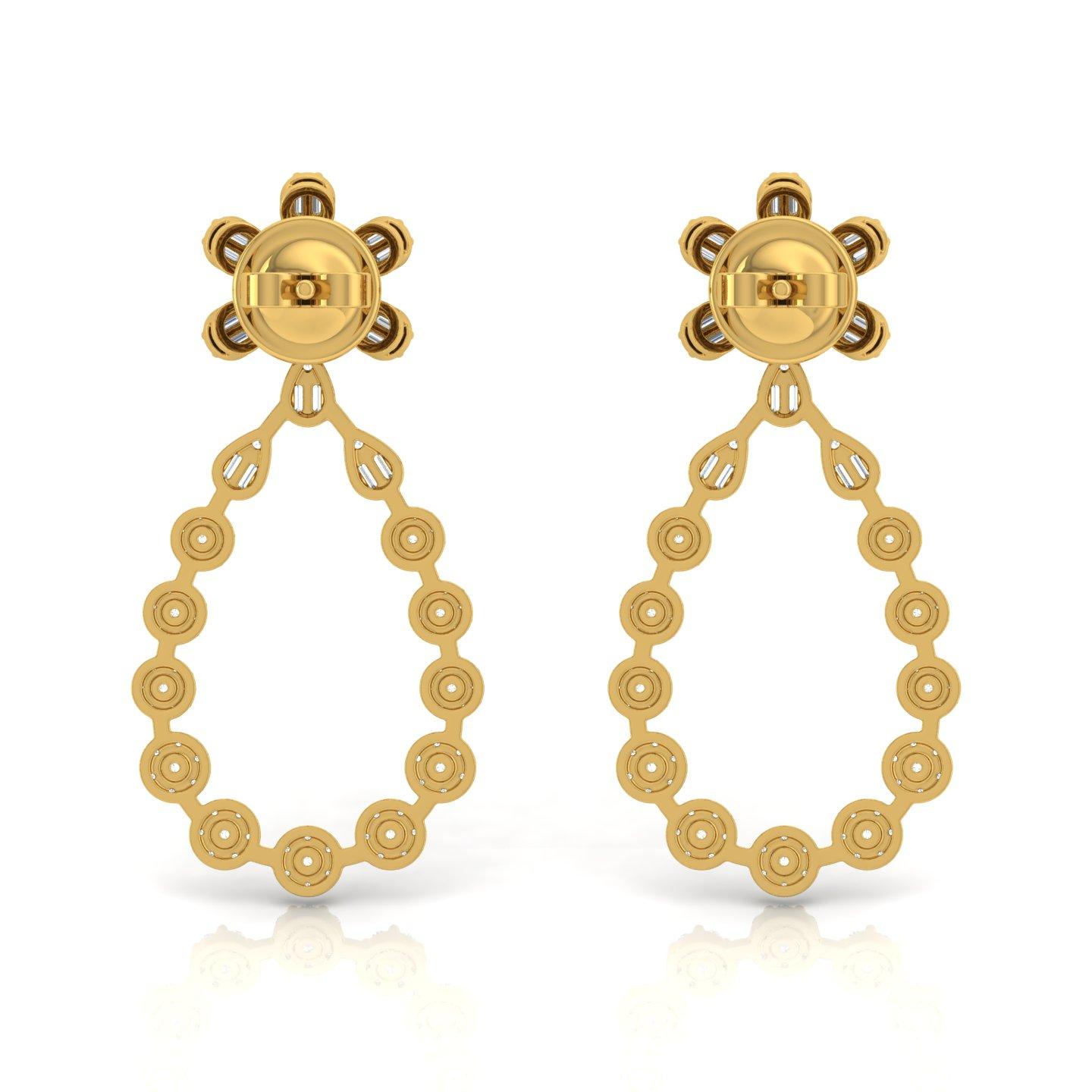Baguette Cut 2 Carat SI/H Baguette Round Brilliant Cut Diamond Earrings 18 Karat Yellow Gold For Sale