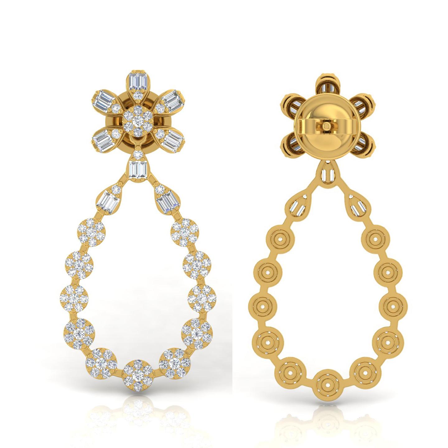 2 Carat SI/H Baguette Round Brilliant Cut Diamond Earrings 18 Karat Yellow Gold In New Condition For Sale In Diera, Dubai
