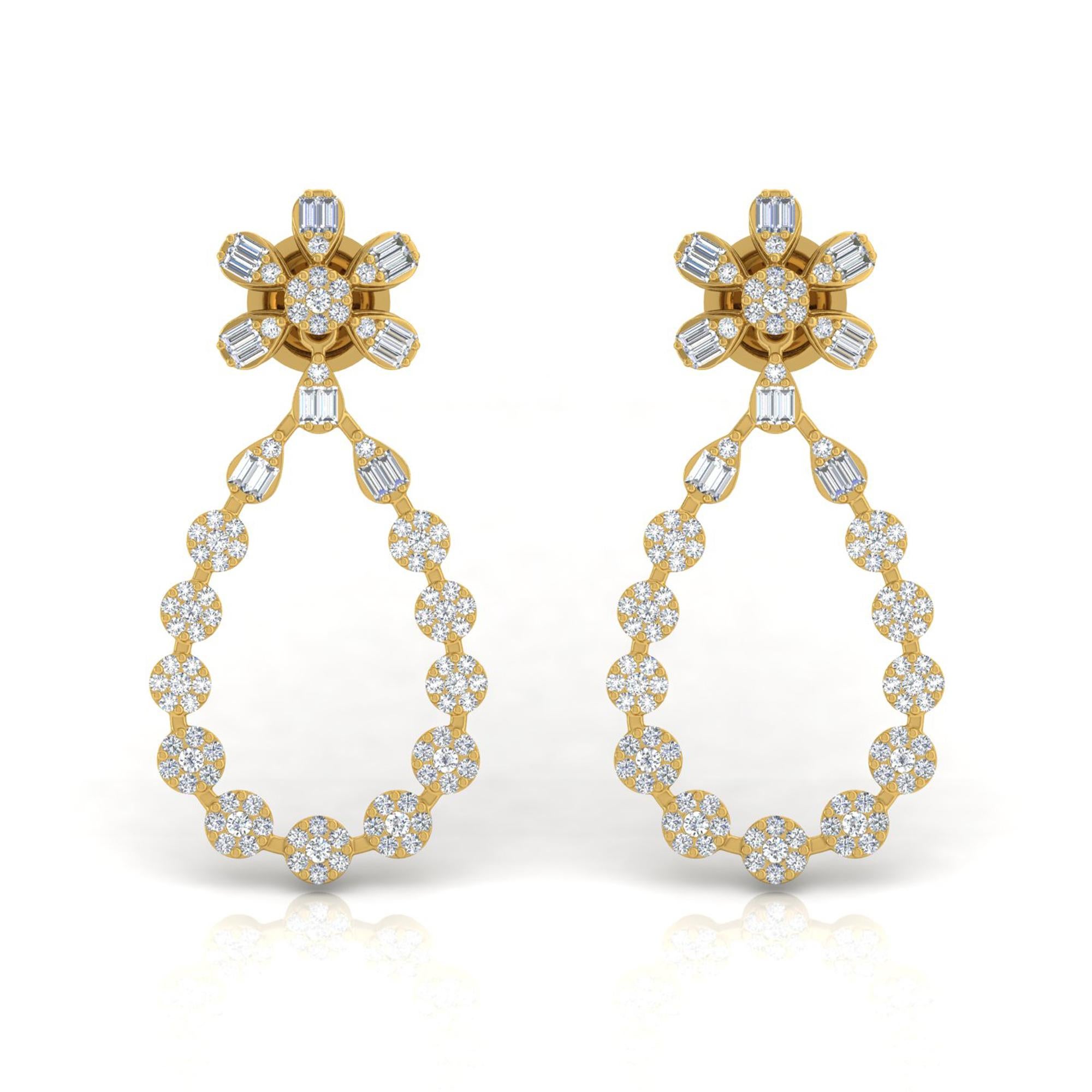 Pendientes de diamantes talla brillante redonda baguette SI/H de 2 quilates Oro amarillo de 18 quilates