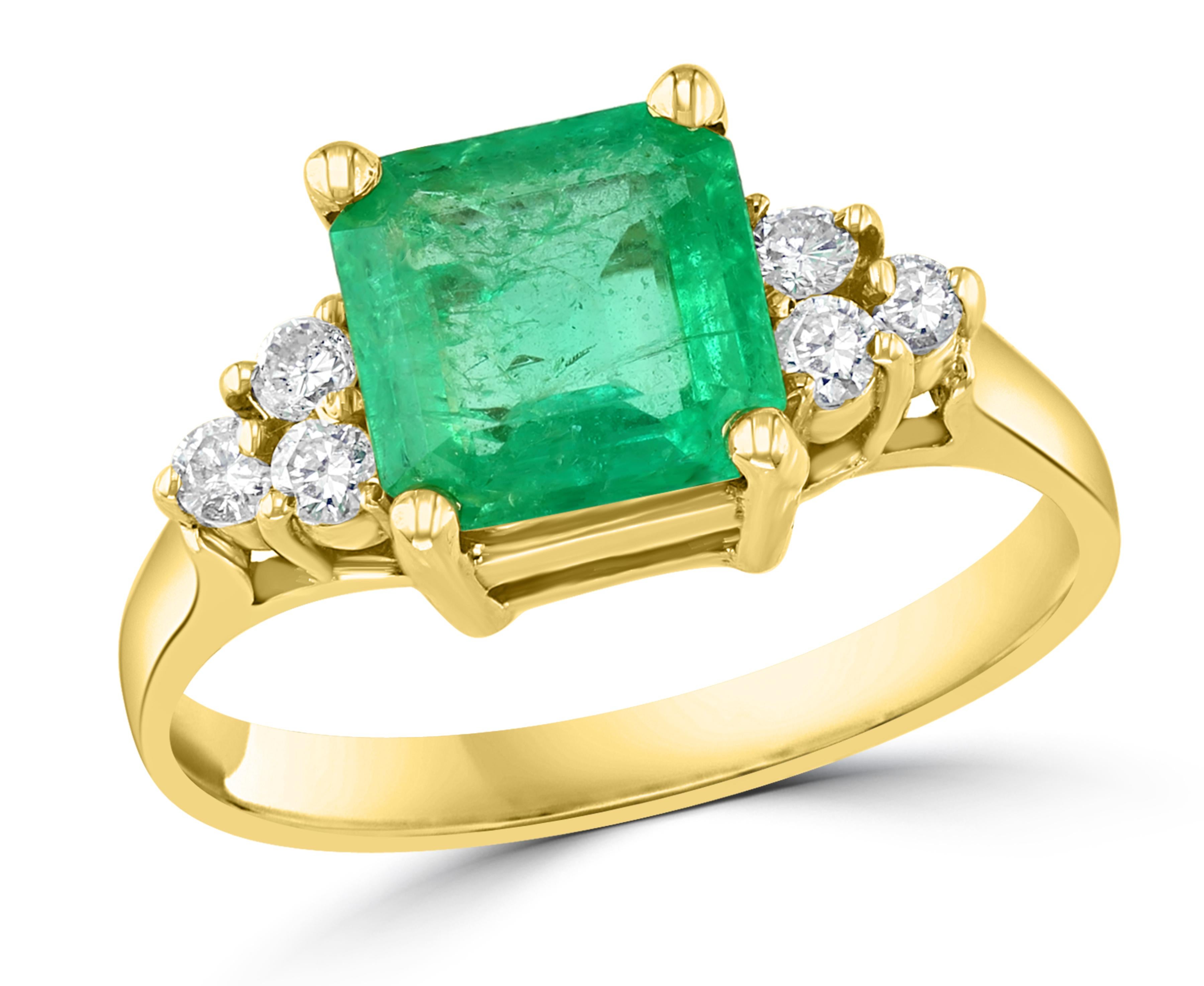 2 Carat Square Cut Emerald and 0.25 Carat Diamond Ring 14 Karat Yellow Gold 5