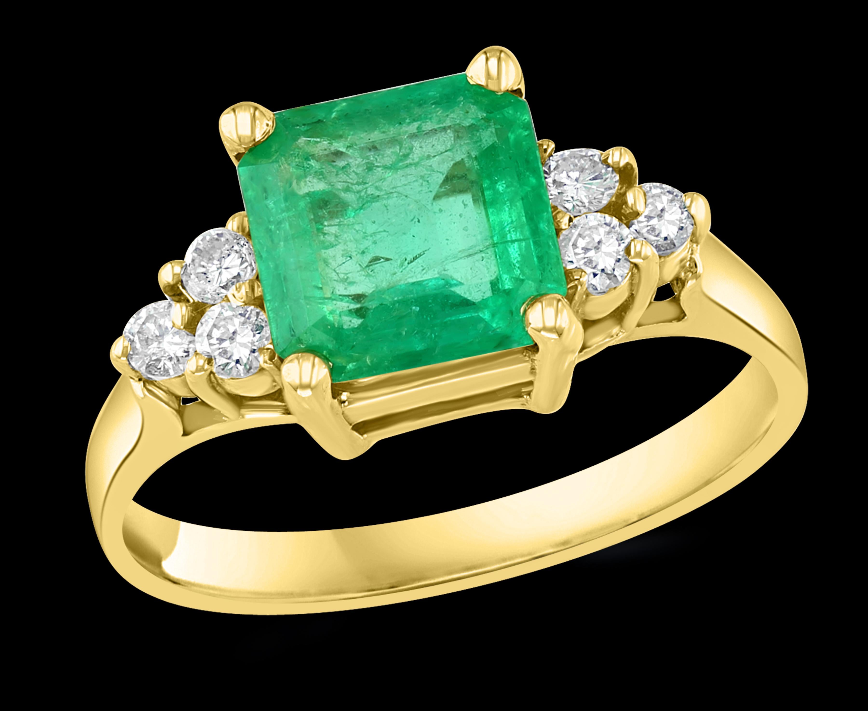 
2 Carat Square Cut Emerald & 0.25 Carat Diamond Ring 14 Karat Yellow Gold 
Emeralds are very precious , Very Difficult to find and getting more more difficult to find.
A classic, Cocktail ring 
Emerald measurements 7.5x7.5 which is approximately 2