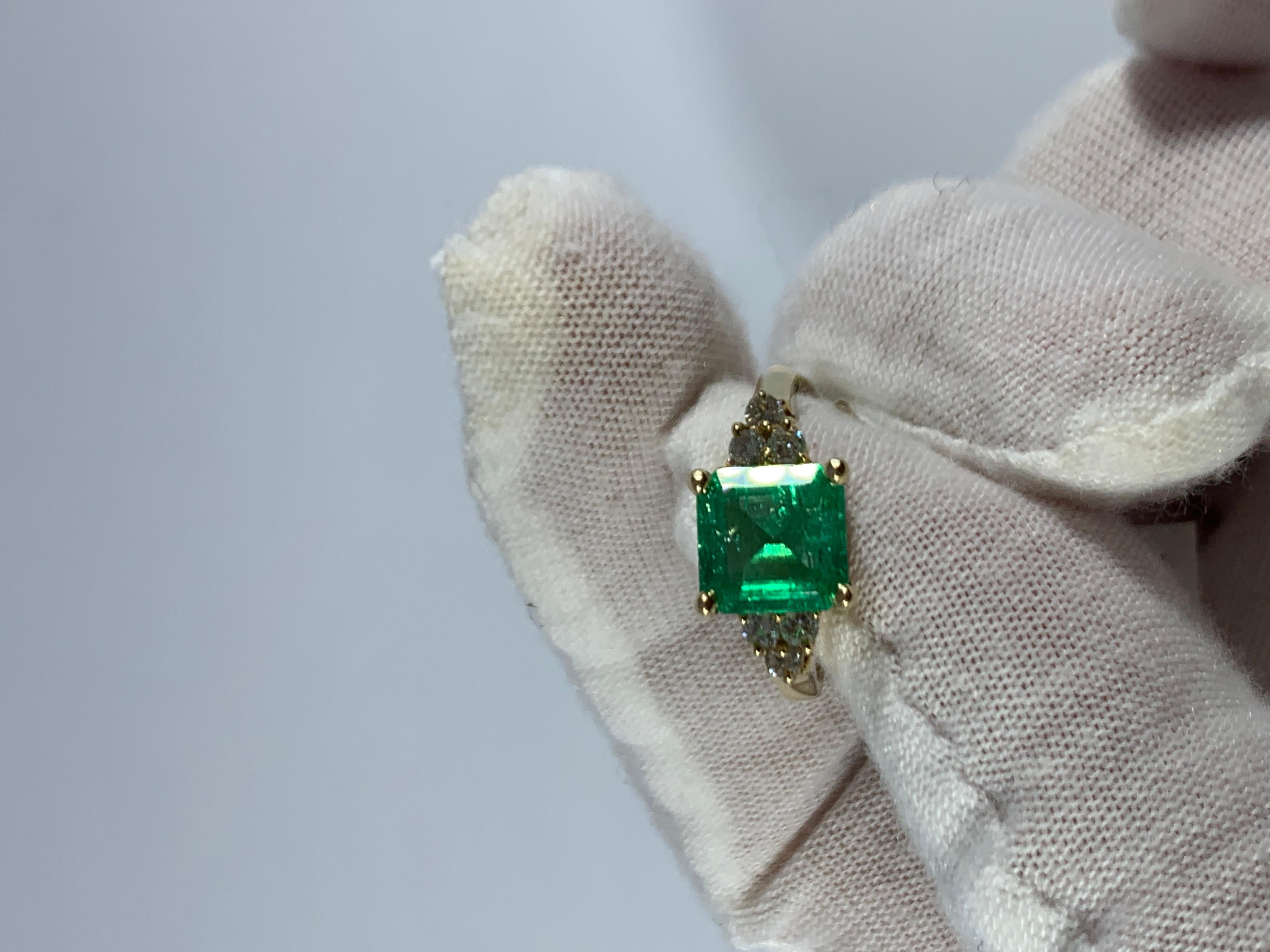 Emerald Cut 2 Carat Square Cut Emerald and 0.25 Carat Diamond Ring 14 Karat Yellow Gold