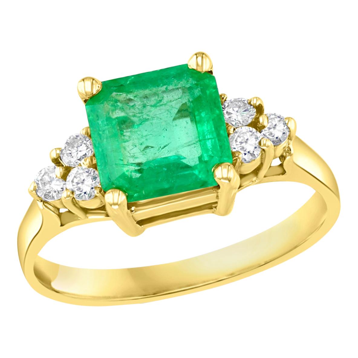 2 Carat Square Cut Emerald and 0.25 Carat Diamond Ring 14 Karat Yellow Gold