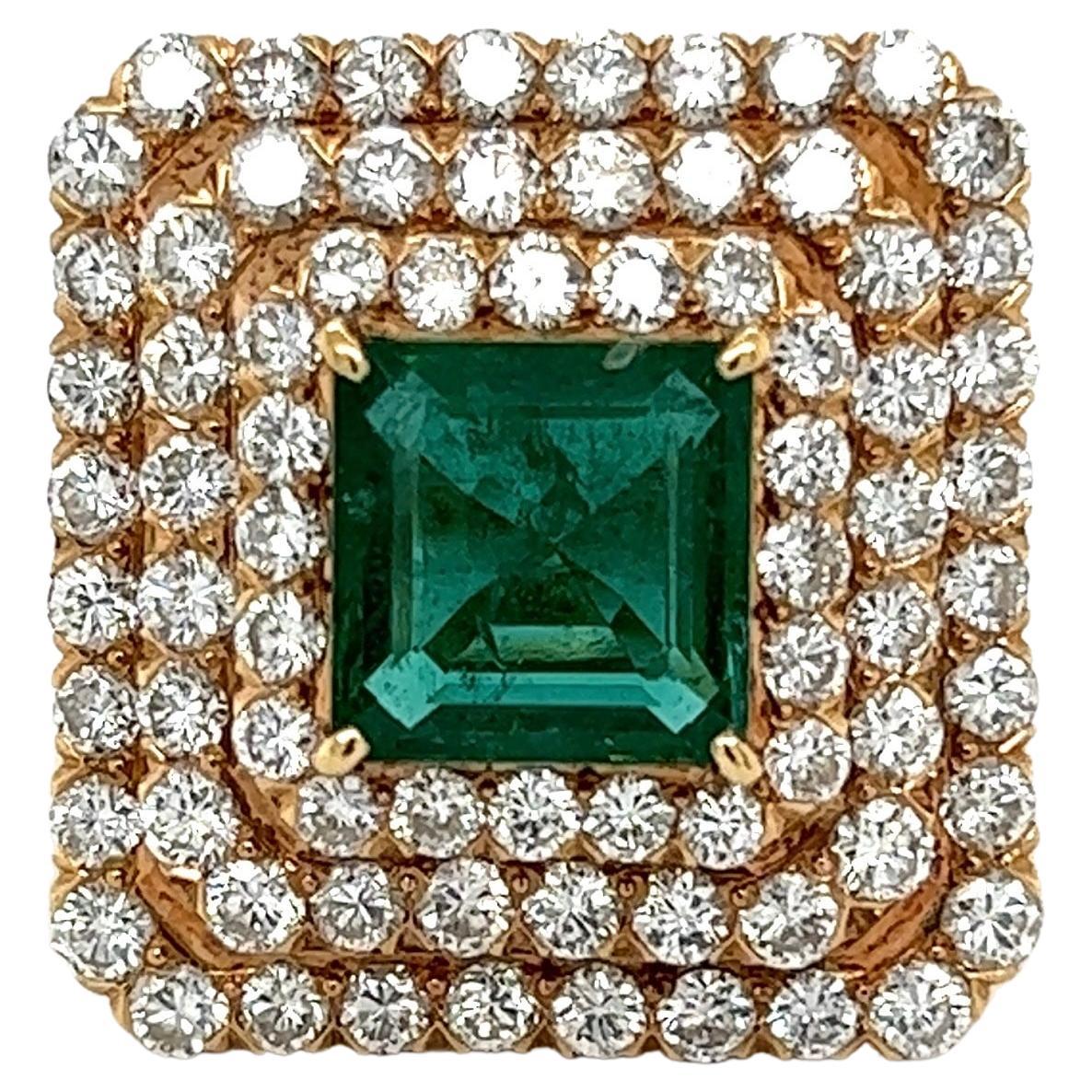 Estate Chatham Emerald Diamond Ring 14 Karat Gold Square Cocktail