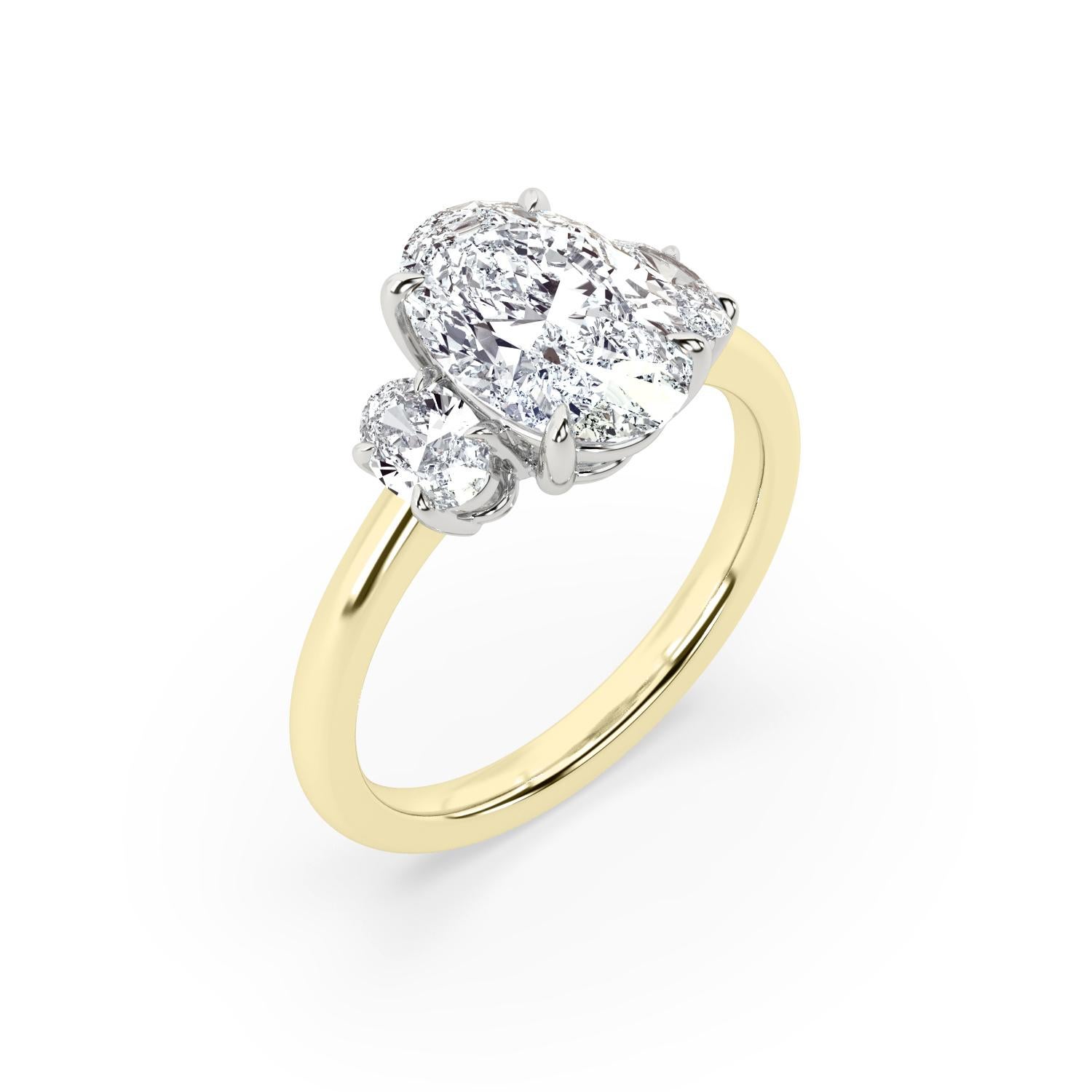 2 carat GIA certified oval brilliant diamond engagement ring. Diamond has G color and VS2 clarity. The center diamond is flanked by two smaller ovals (4x3mm) in matching quality. Setting is handcrafted in a delicate 14k yellow gold setting with