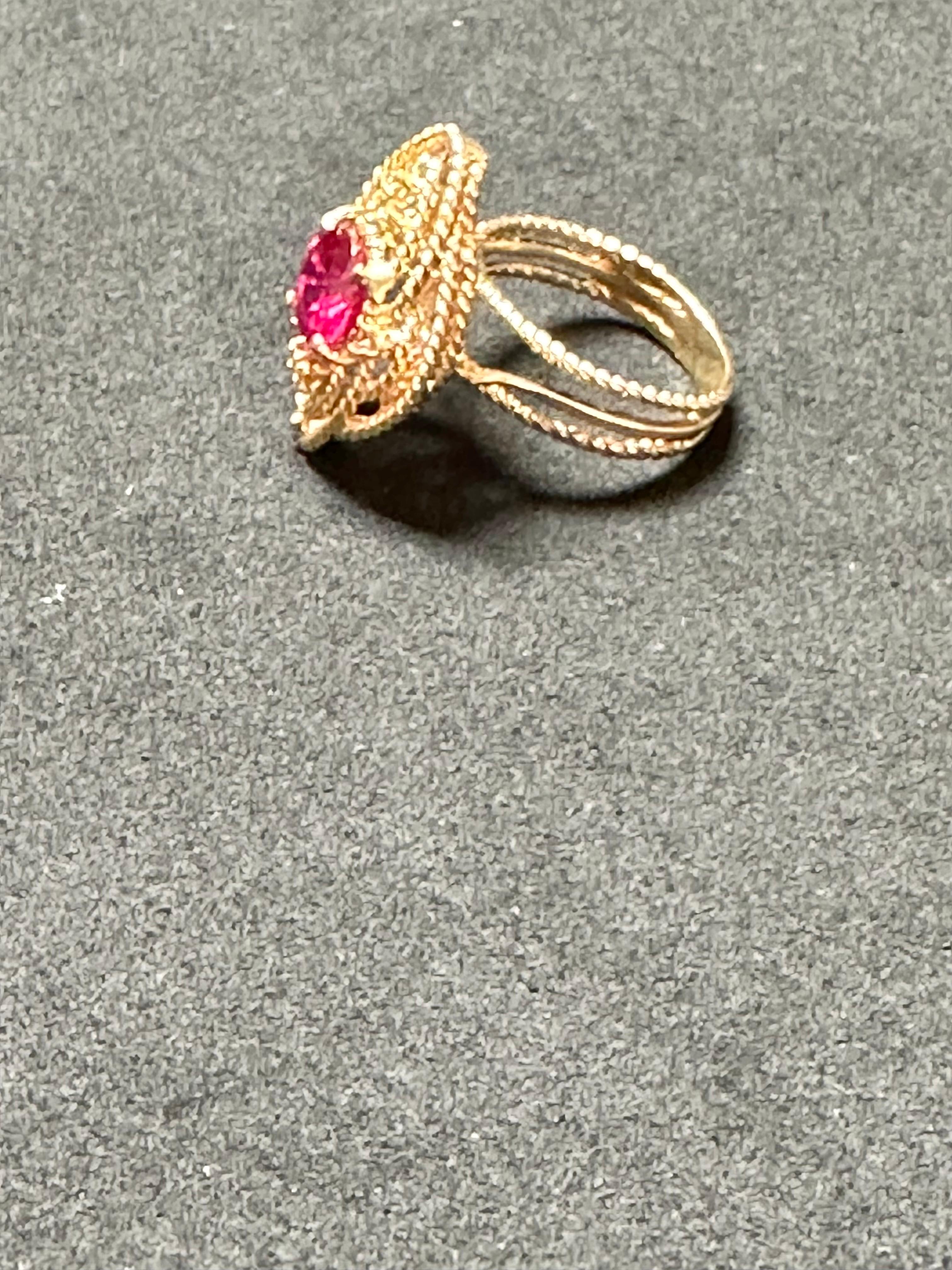 Round Cut 2 Carat Treated Round  Ruby 14 Karat Yellow Gold Cocktail Ring, Vintage For Sale