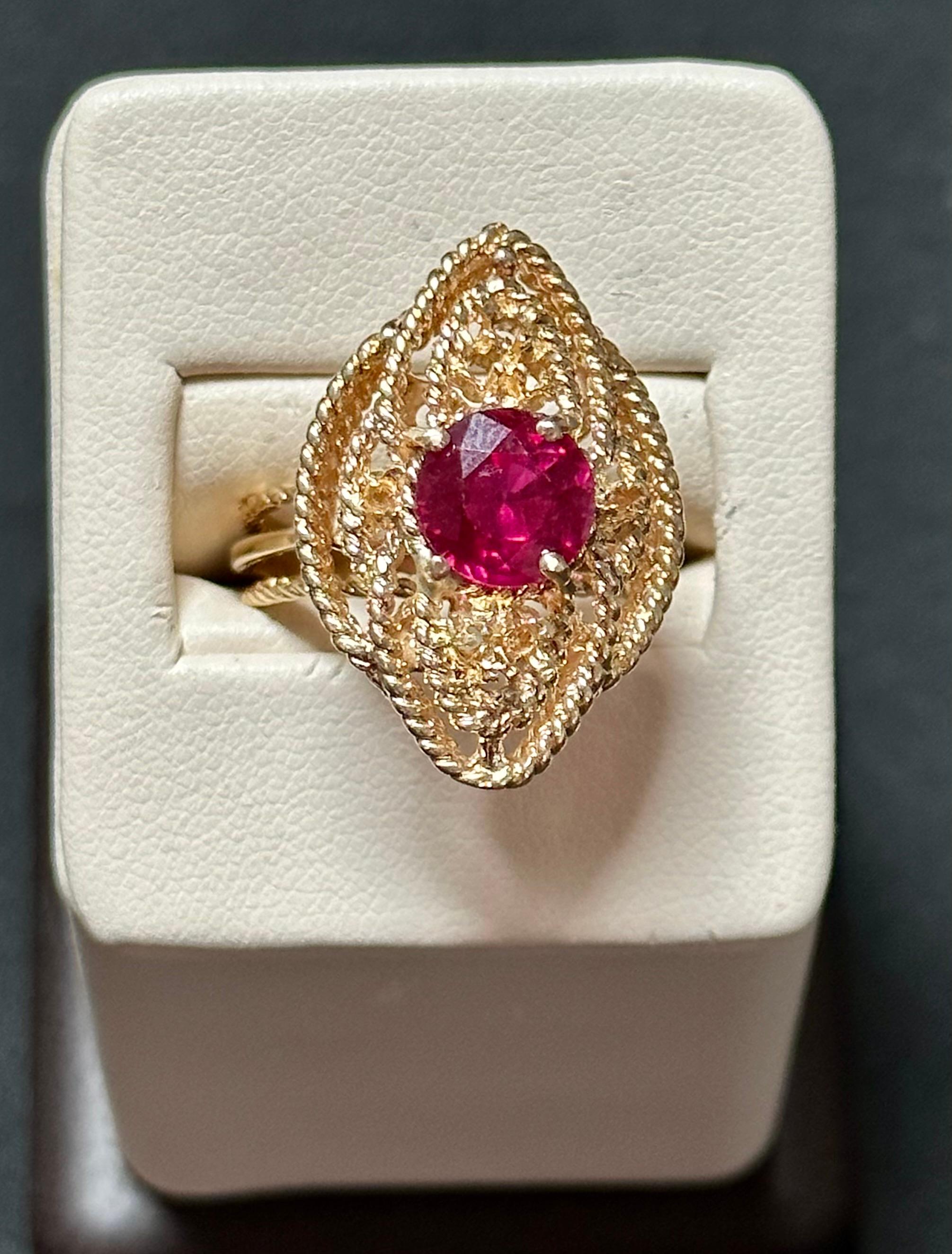 Women's 2 Carat Treated Round  Ruby 14 Karat Yellow Gold Cocktail Ring, Vintage For Sale