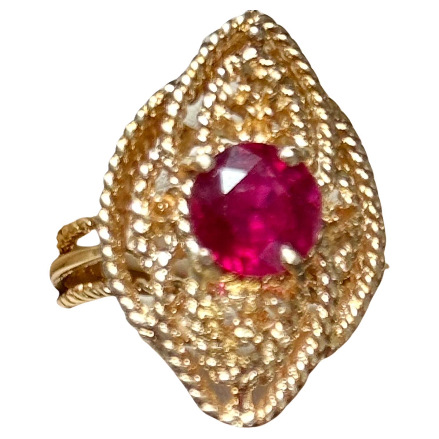 2 Carat Treated Round  Ruby 14 Karat Yellow Gold Cocktail Ring, Vintage For Sale