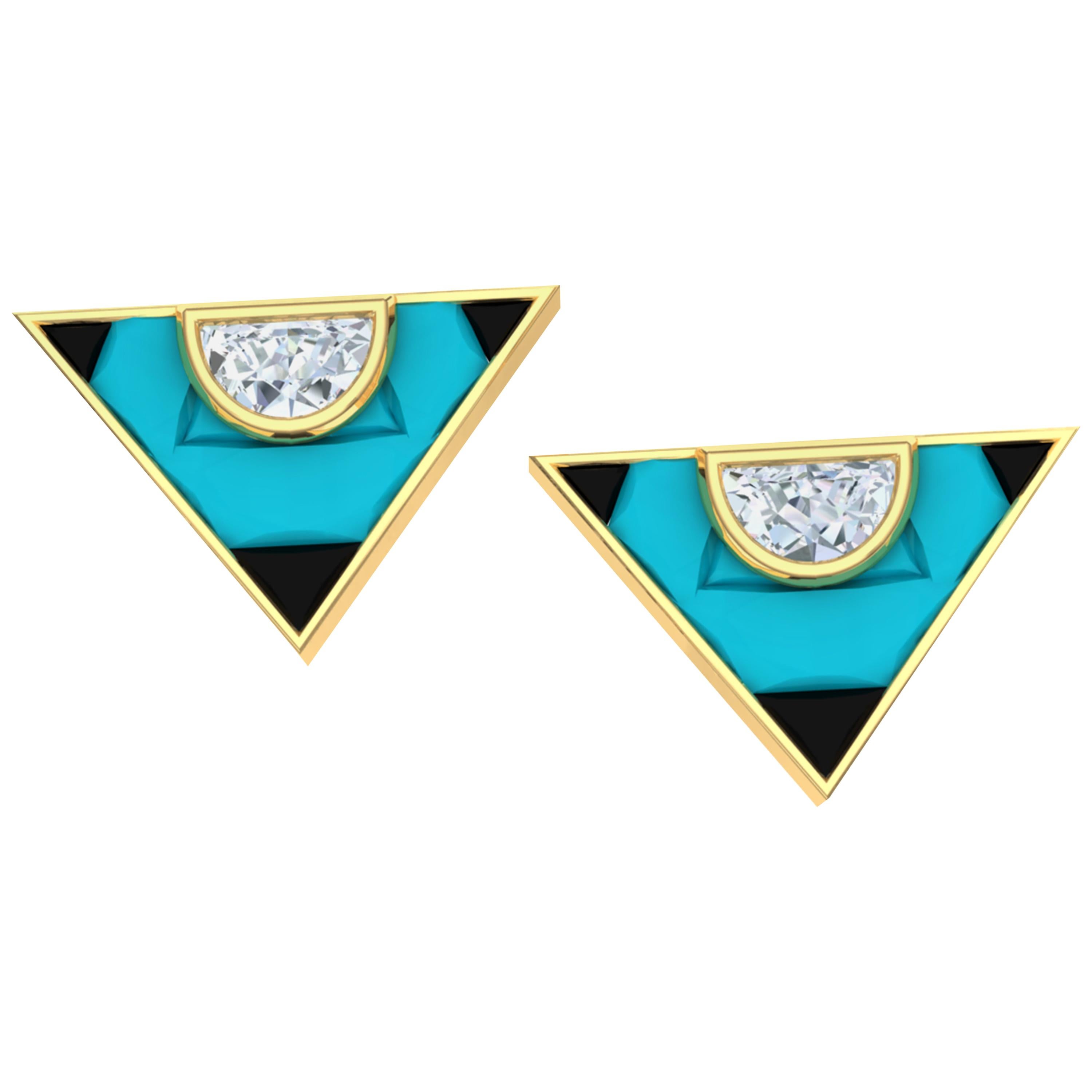 2 Carat Turquoise Onyx and Diamond Triangle Earrings For Sale