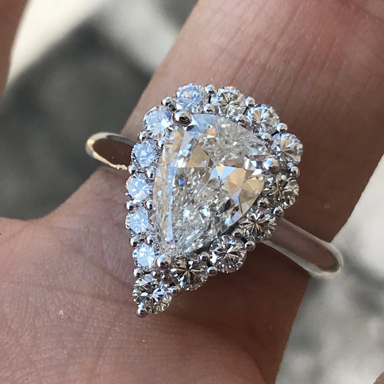 2 Carat Approximate Pear Shape Diamond Halo Ring 14 Karat White Gold