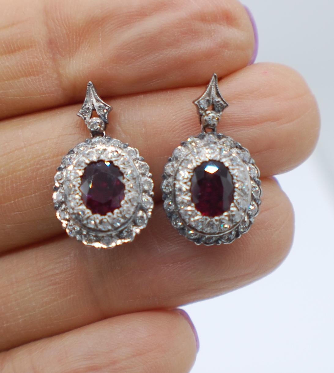 Victorian Vintage 2 Carat TW Ruby and Antique Diamond Drop Earring For Sale