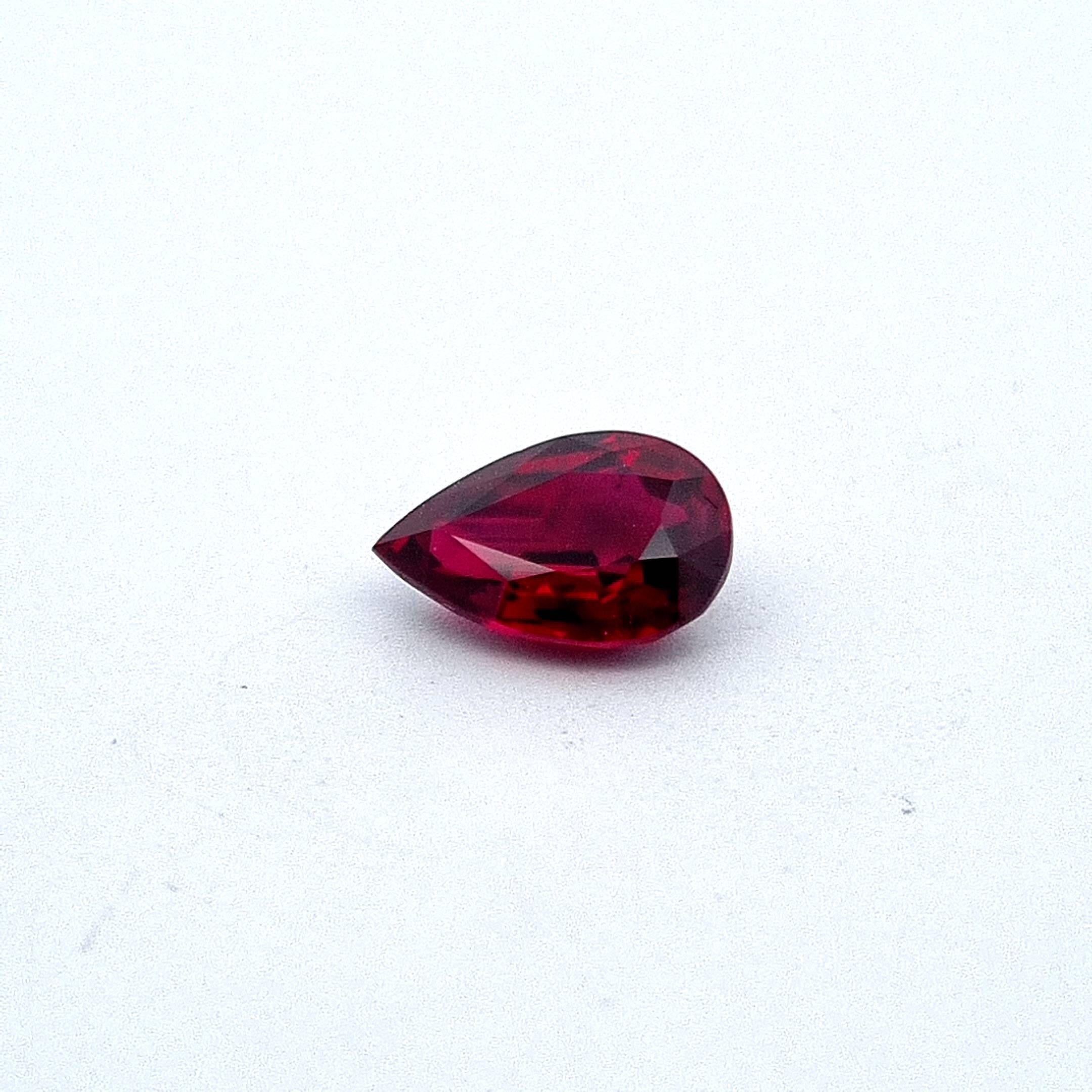 This pearshape unheated burmese ruby of pigeons blood red  colour is a superior gemstone in every aspect. 

Ruby, the king of all gems is revered around the world as a symbol of prosperity, honour, love and passion. 

This stone, weighing over 2