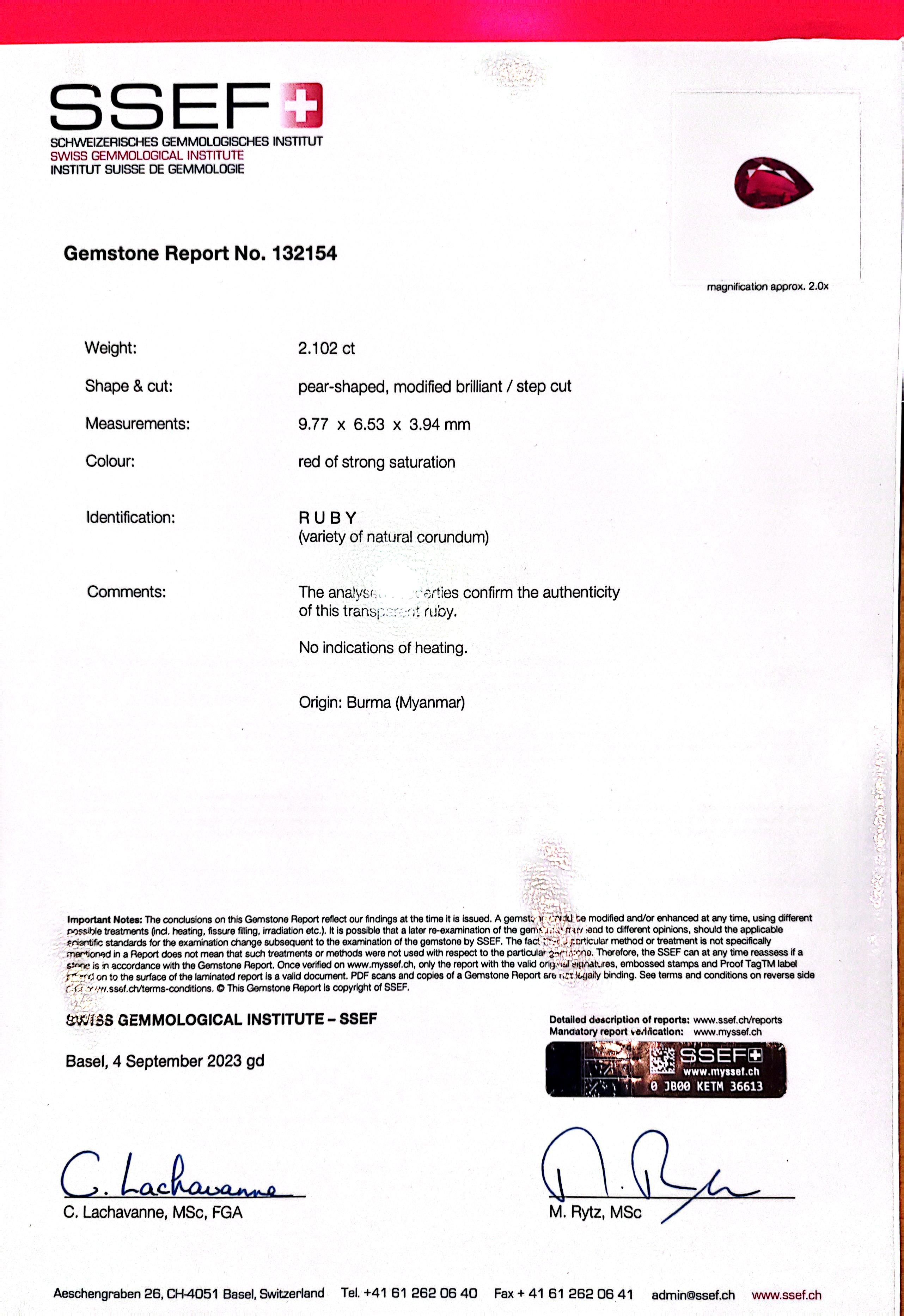 2 carat unheated pigeons blood pearshape burmese ruby For Sale 2