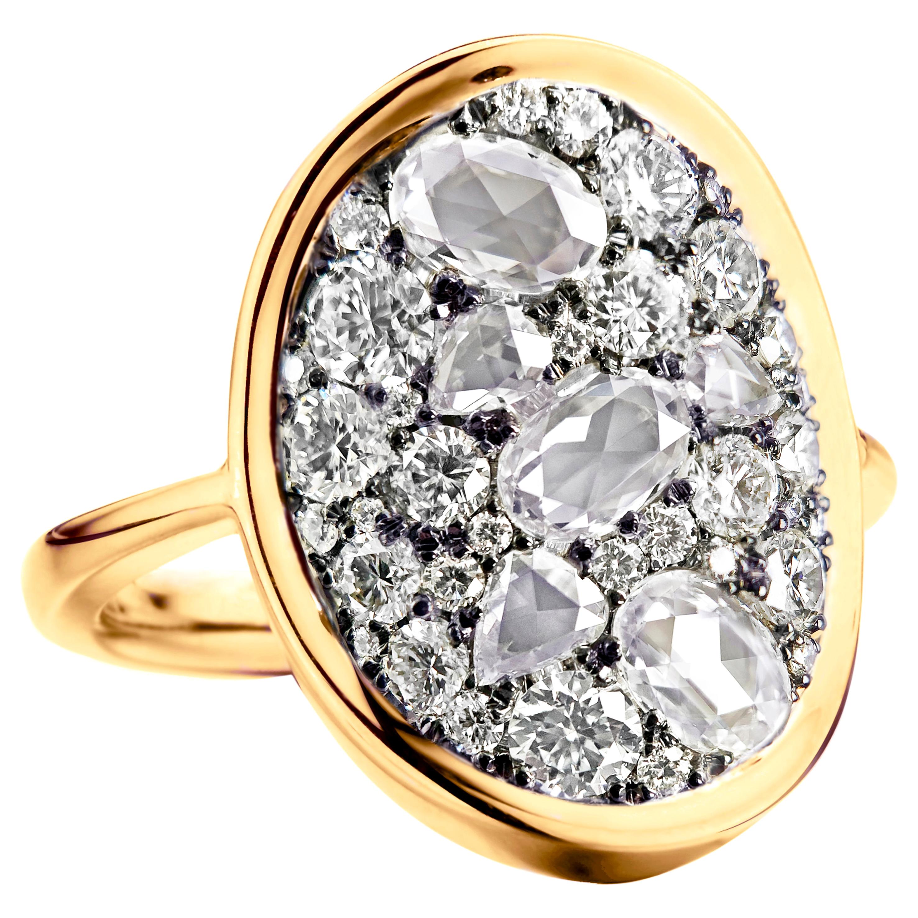 2 Carat White GHVS Rose-Cut and DEGVVS Brilliant-Cut Diamond Pave Ring
