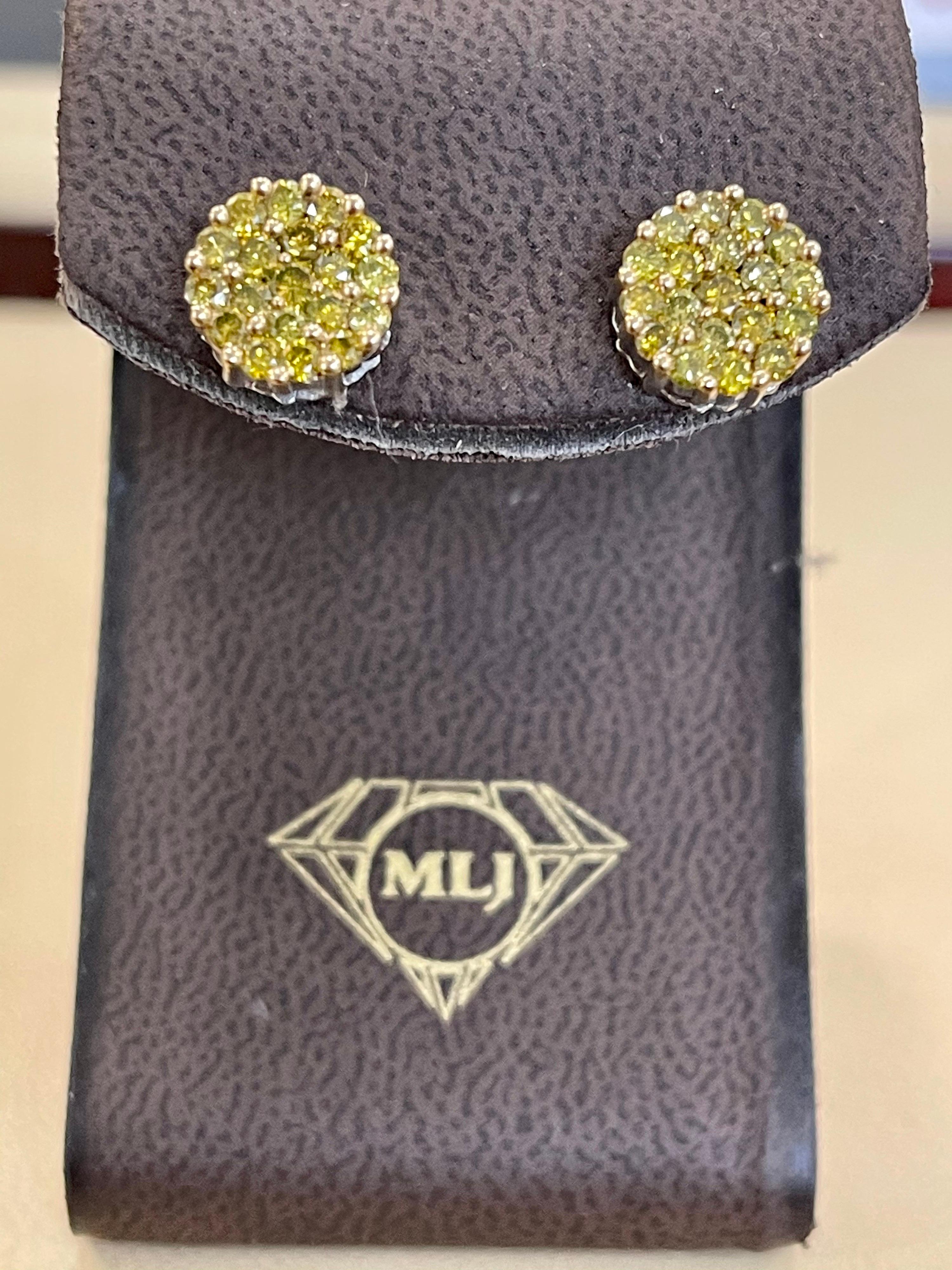 2 Carat Yellow Diamond Floral Cluster Flower Stud Earrings 14 Karat White Gold For Sale 6
