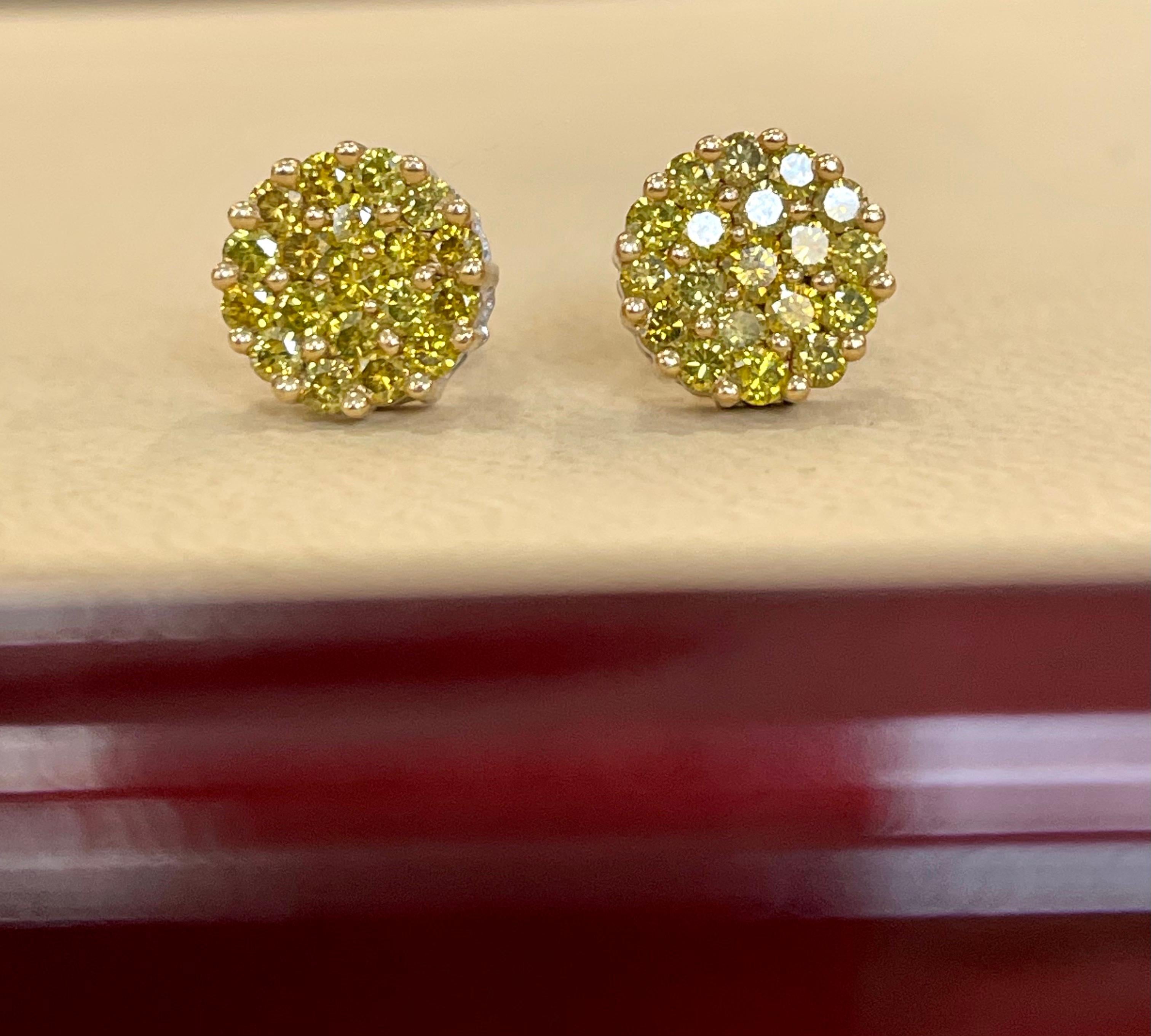 2 Carat Yellow Diamond Floral Cluster Flower Stud Earrings 14 Karat White Gold For Sale 6