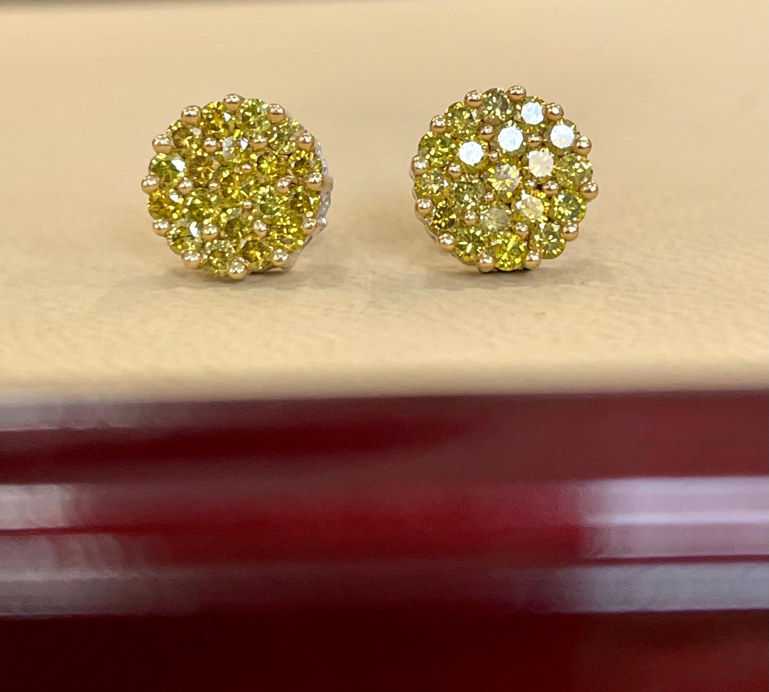 2 Carat Yellow Diamond Floral Cluster Flower Stud Earrings 14 Karat White Gold For Sale 8