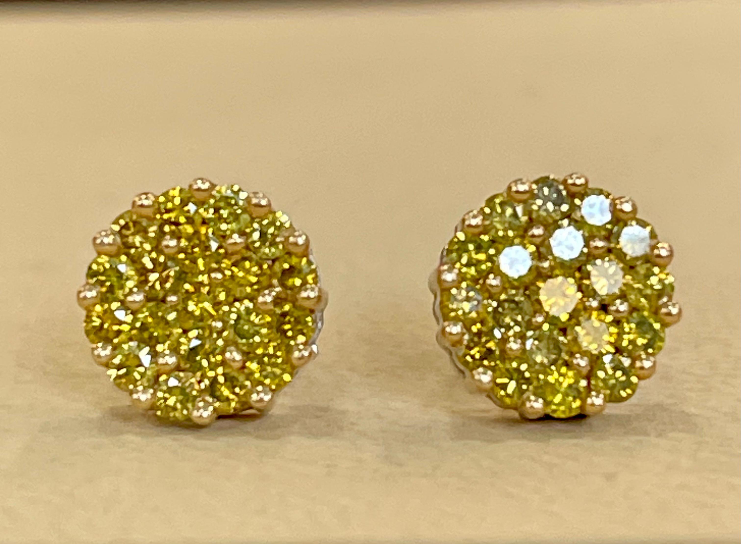 Women's 2 Carat Yellow Diamond Floral Cluster Flower Stud Earrings 14 Karat White Gold For Sale