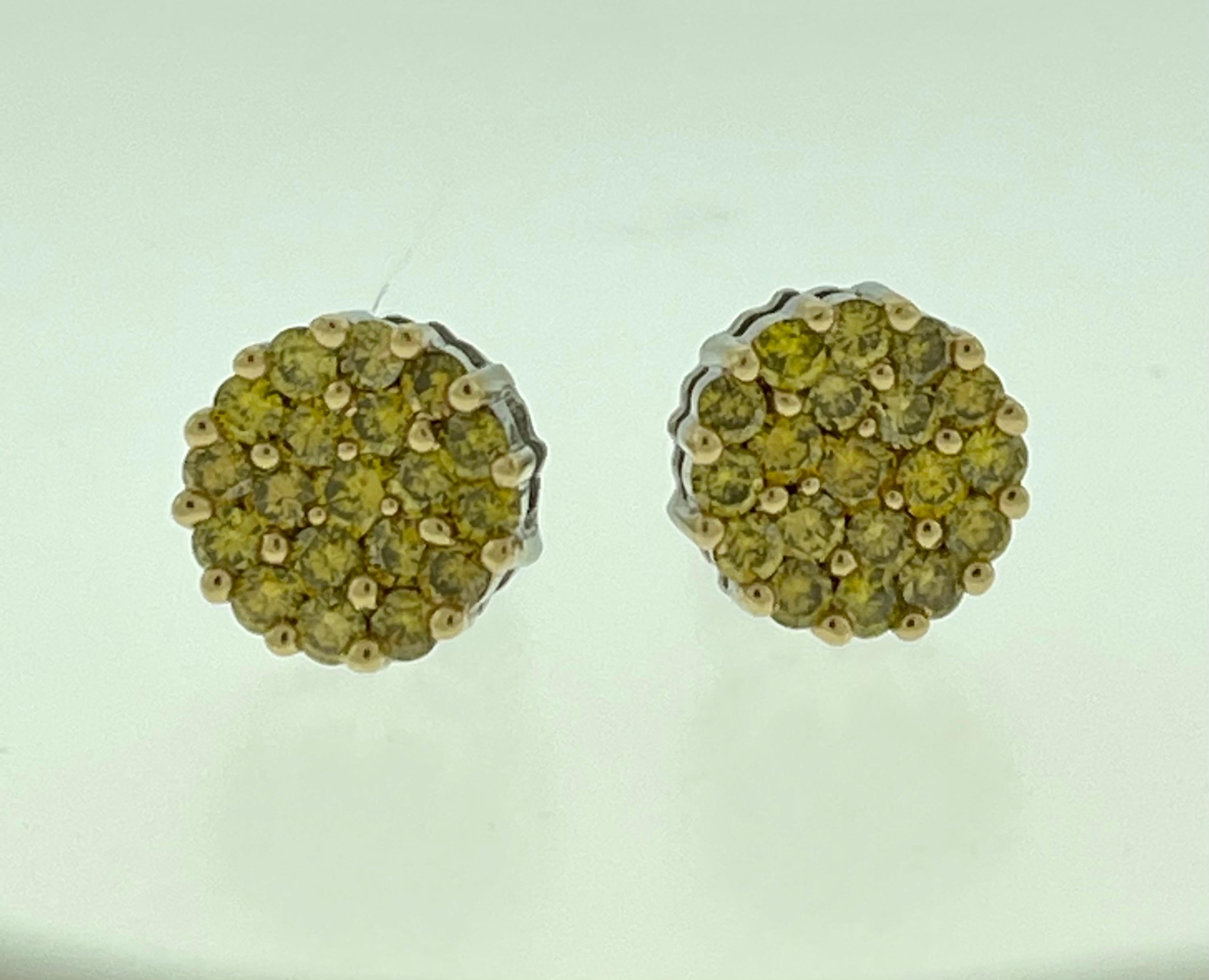 2 Carat Yellow Diamond Floral Cluster Flower Stud Earrings 14 Karat White Gold In Excellent Condition For Sale In New York, NY