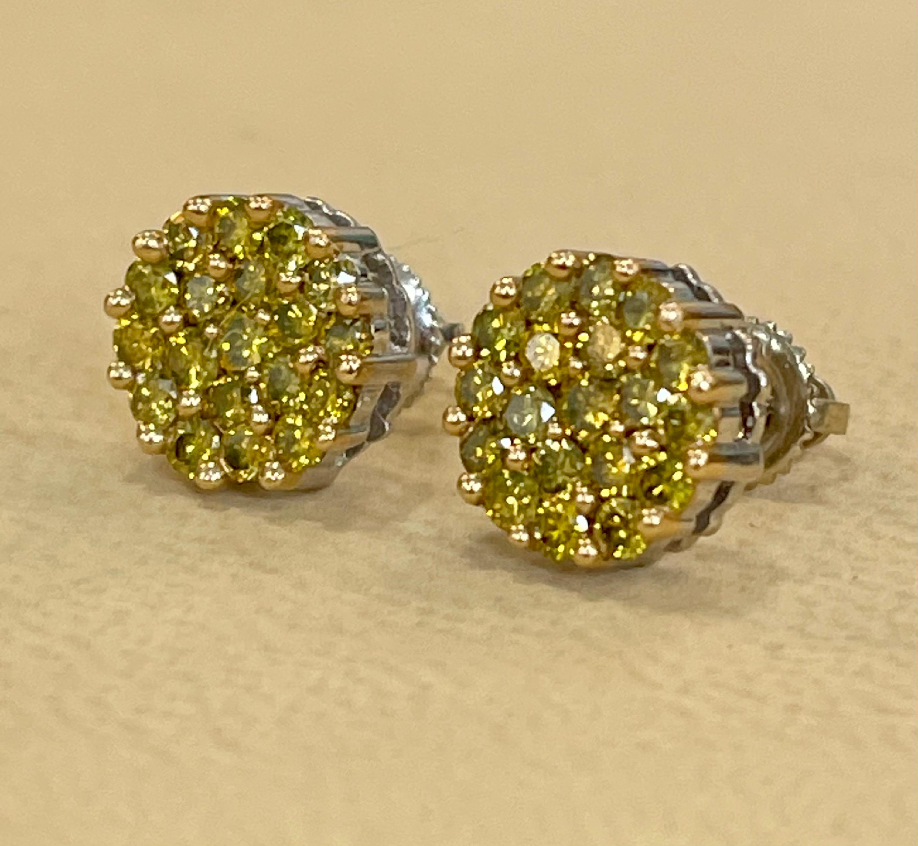 2 Carat Yellow Diamond Floral Cluster Flower Stud Earrings 14 Karat White Gold For Sale 2