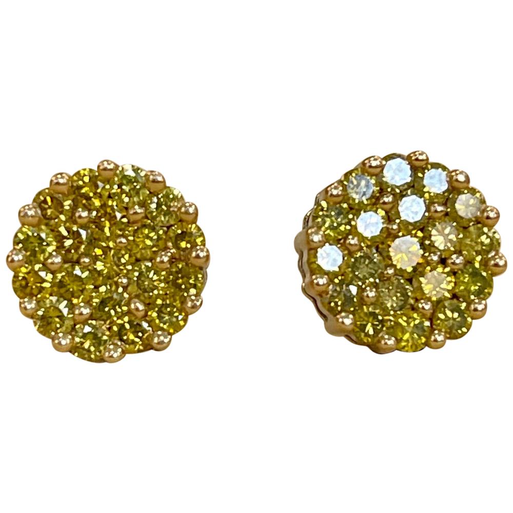 Clous d'oreilles en or blanc 14 carats avec fleur en grappe de diamants jaunes de 2 carats