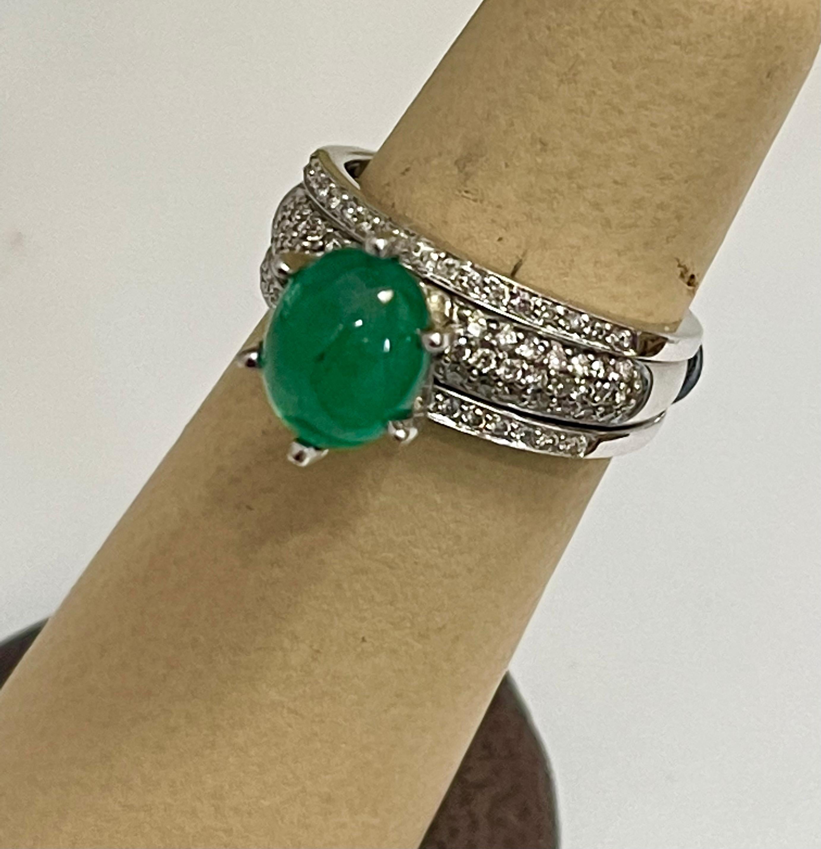 2 Carat Zambian Emerald Cabochon & Diamond Cocktail  Ring 14 Kt Gold with Band For Sale 8