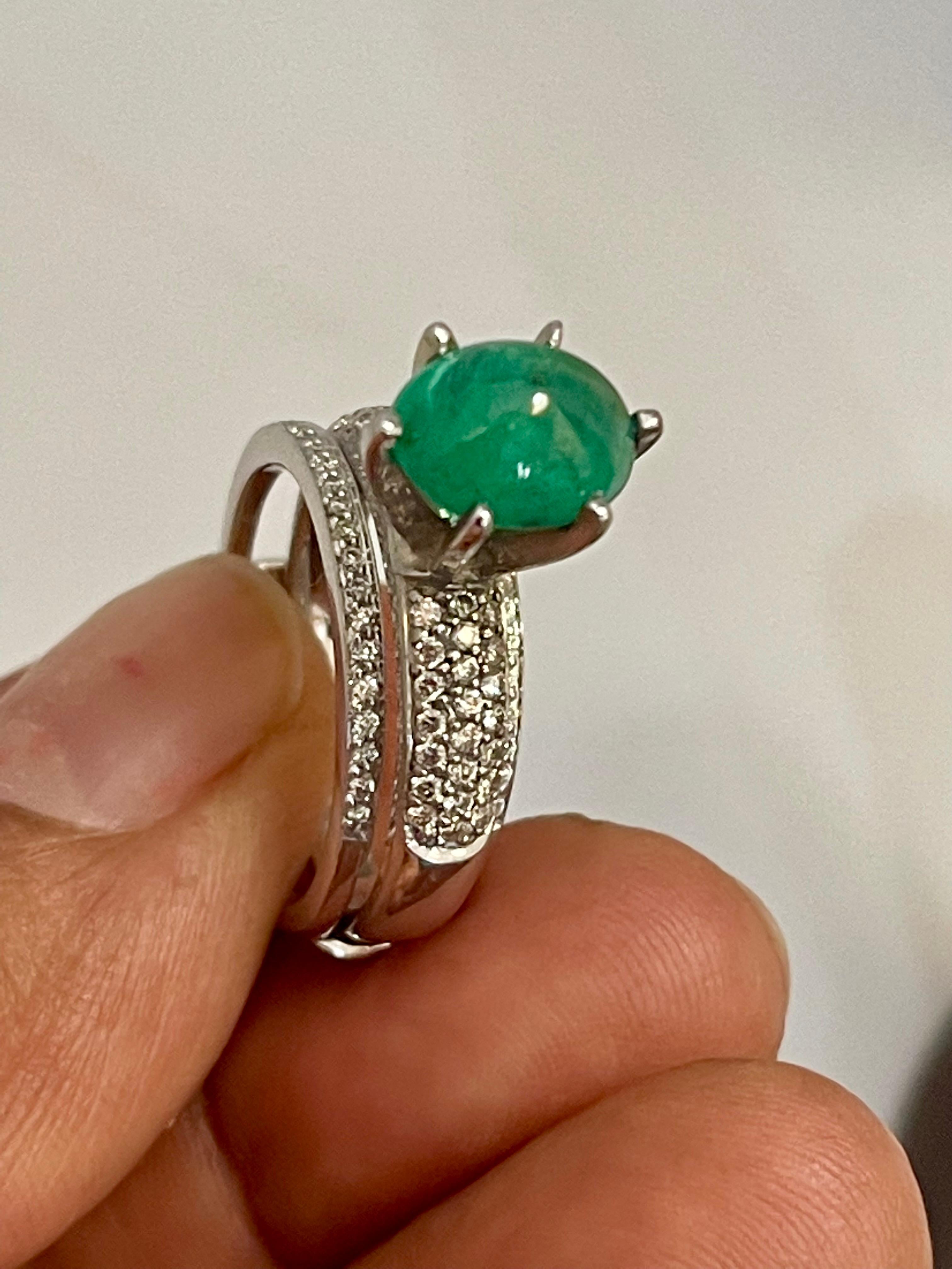 2 Carat Zambian Emerald Cabochon & Diamond Cocktail  Ring 14 Kt Gold with Band For Sale 10