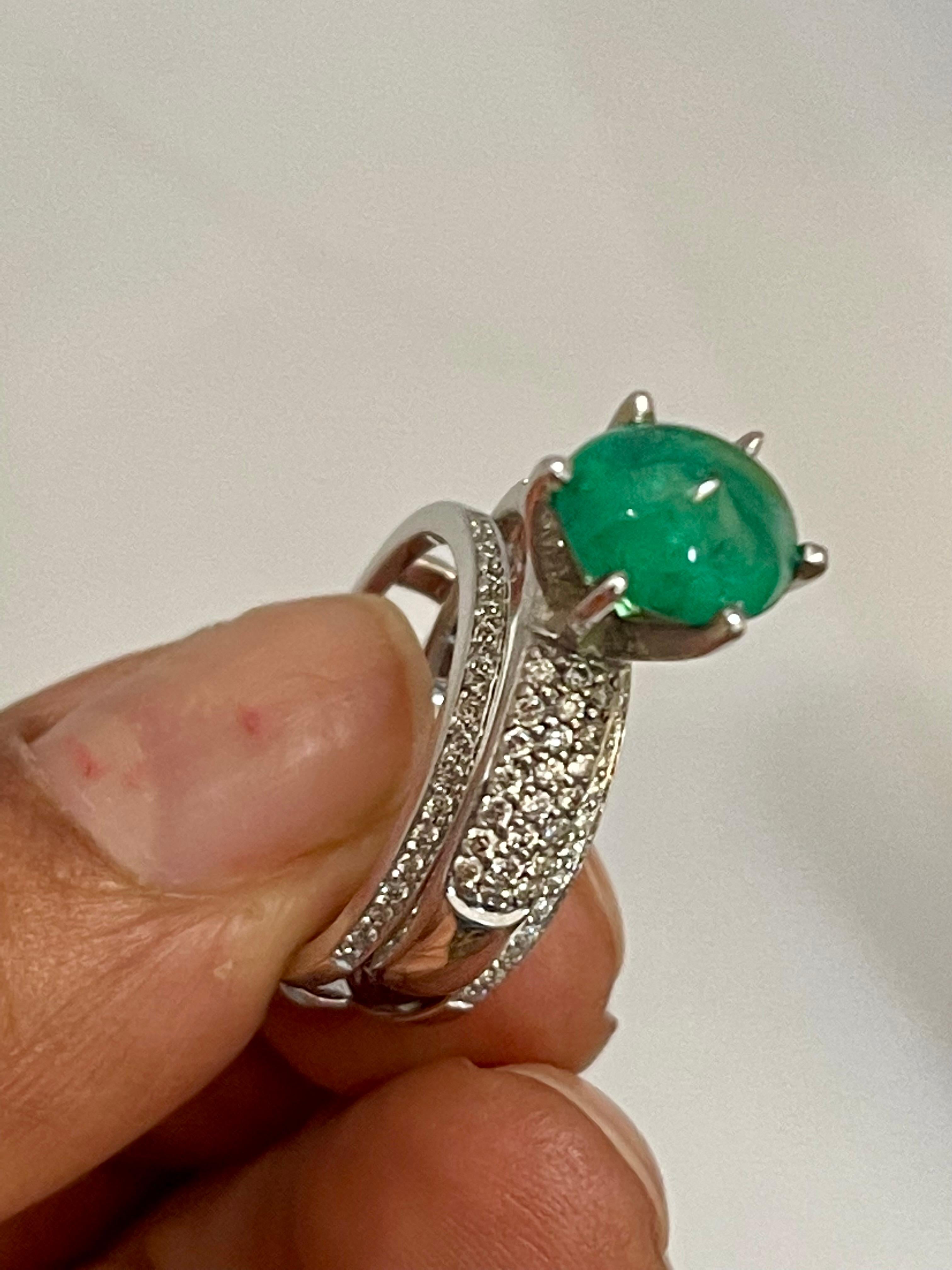 2 Carat Zambian Emerald Cabochon & Diamond Cocktail  Ring 14 Kt Gold with Band For Sale 13