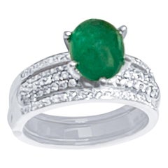 Vintage 2 Carat Zambian Emerald Cabochon & Diamond Cocktail  Ring 14 Kt Gold with Band
