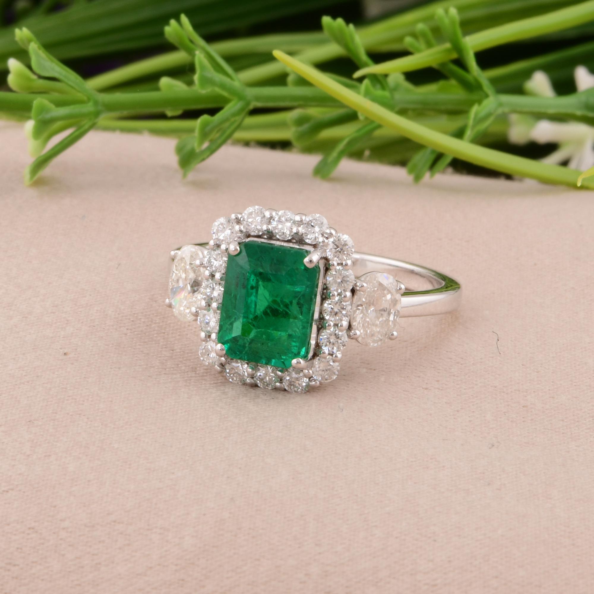 Emerald Cut 2 Carat Zambian Emerald Cocktail Ring 1 Carat SI/H Diamond 14 Karat White Gold For Sale