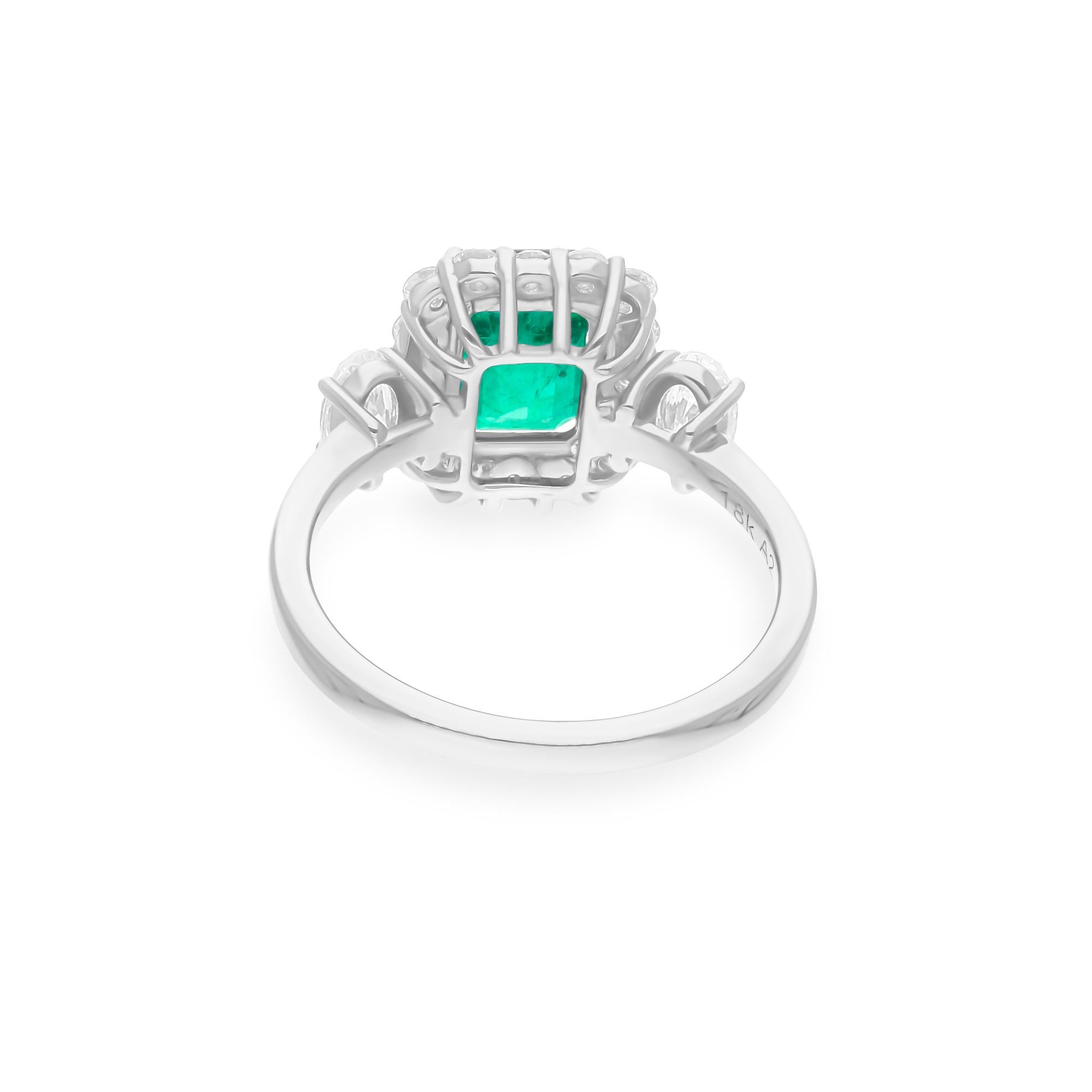 Modern 2 Carat Zambian Emerald Cocktail Ring 1 Carat SI/H Diamond 18 Karat White Gold For Sale