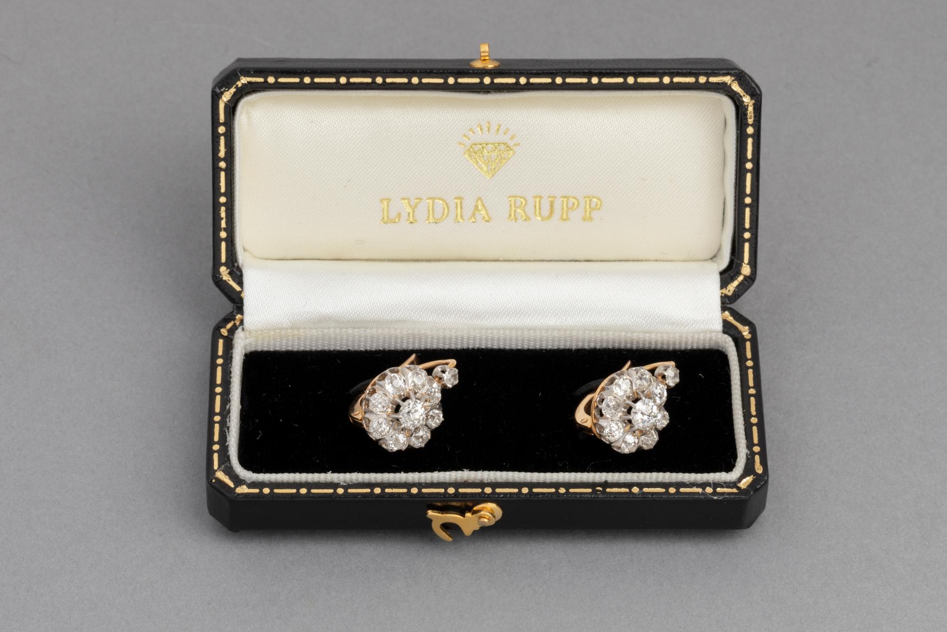 2 Carats Antique French Earrings, Gold Platinum and Diamonds

Very lovely pair of Belle Epoque earrings, made in France circa 1900.  
The system is Sleepers / Dormeuses.  
The earrings are mounted with Gold 18K and Platinum.   
The size of the