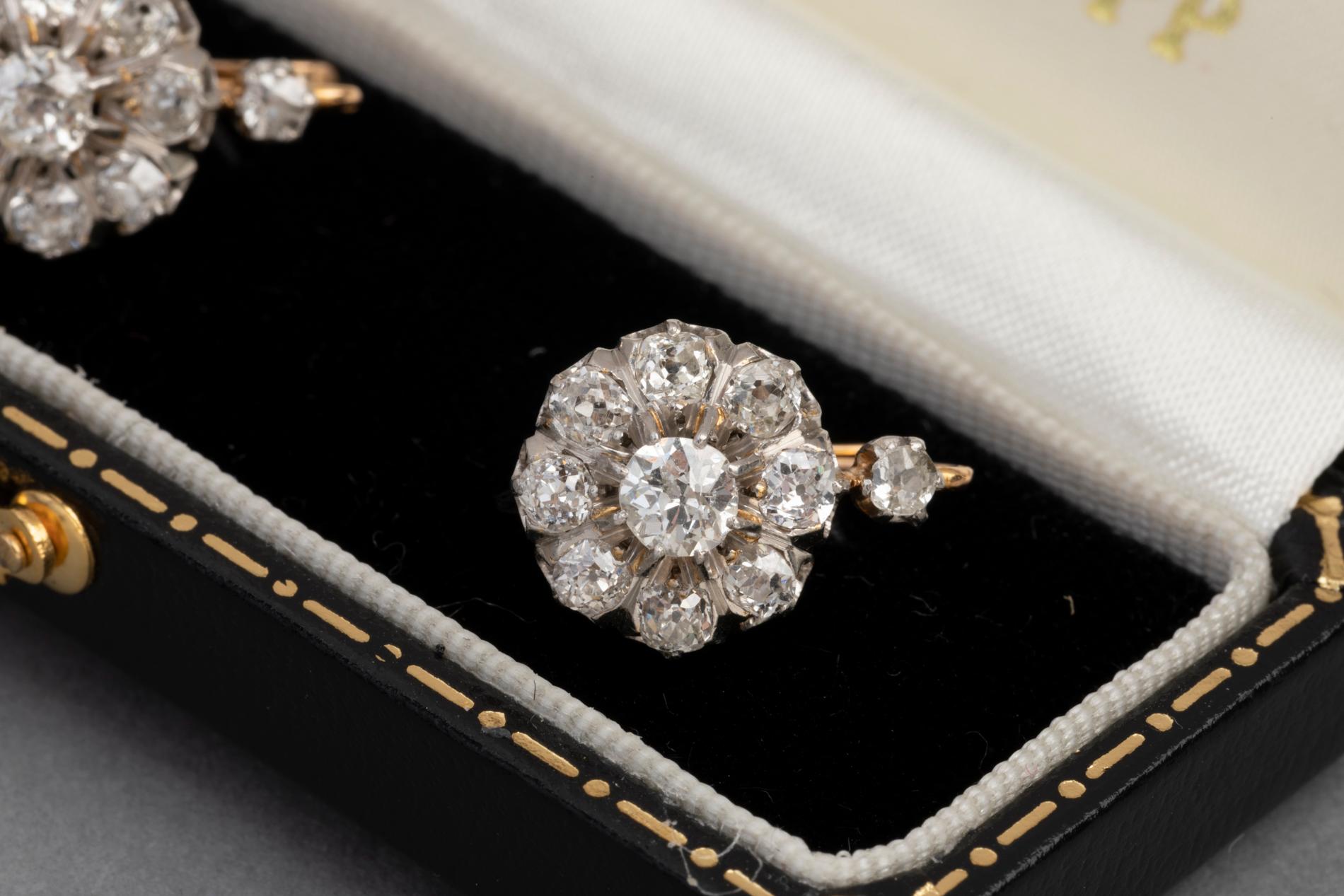 French Cut 2 Carat Antique French Earrings, Gold Platinum and Diamonds
