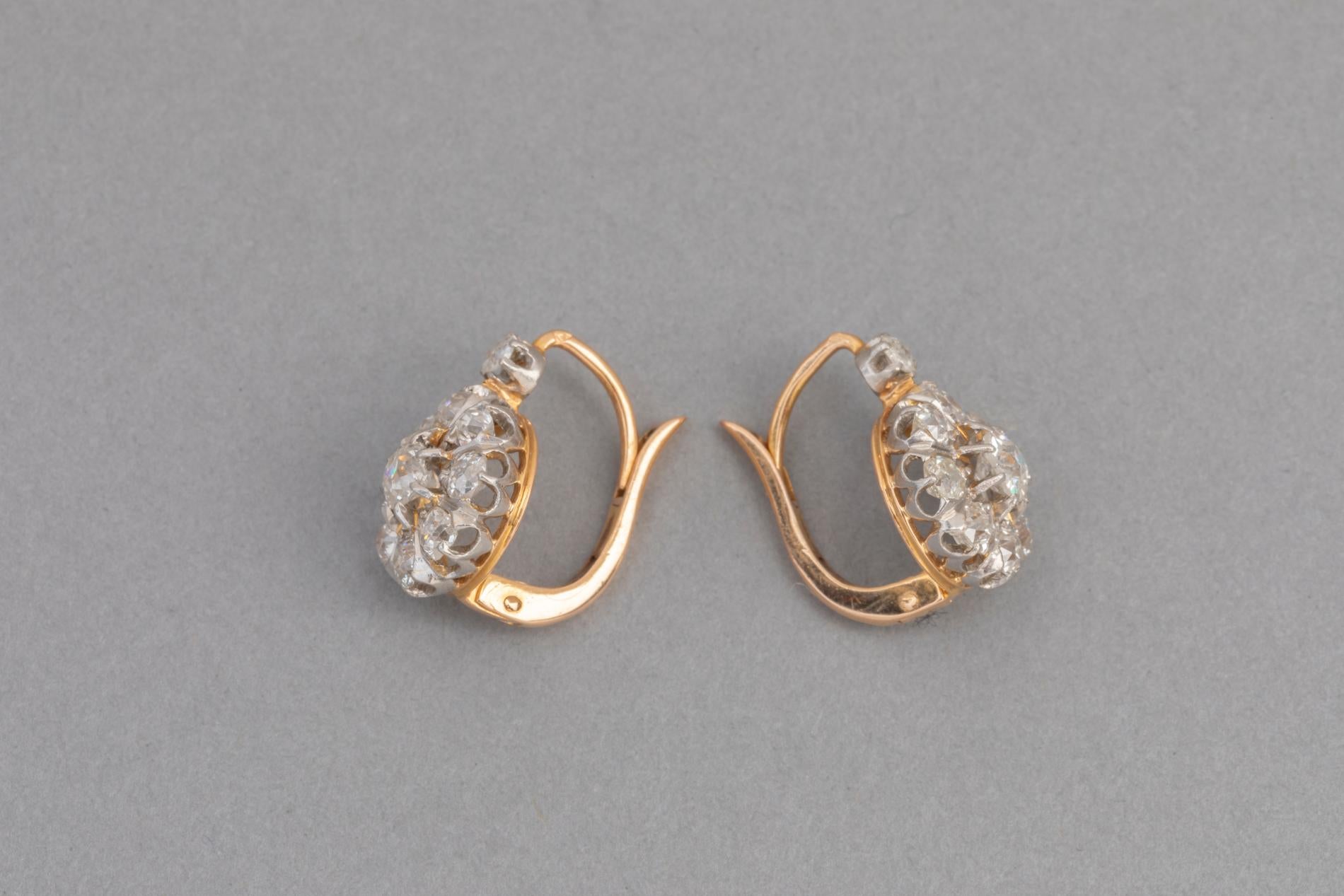 Women's 2 Carat Antique French Earrings, Gold Platinum and Diamonds