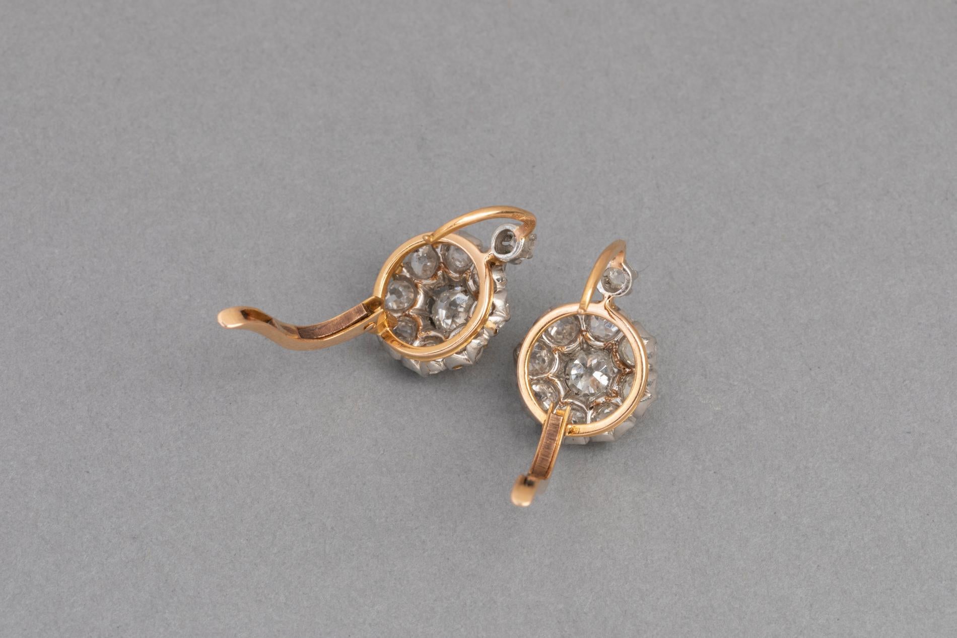 2 Carat Antique French Earrings, Gold Platinum and Diamonds 1