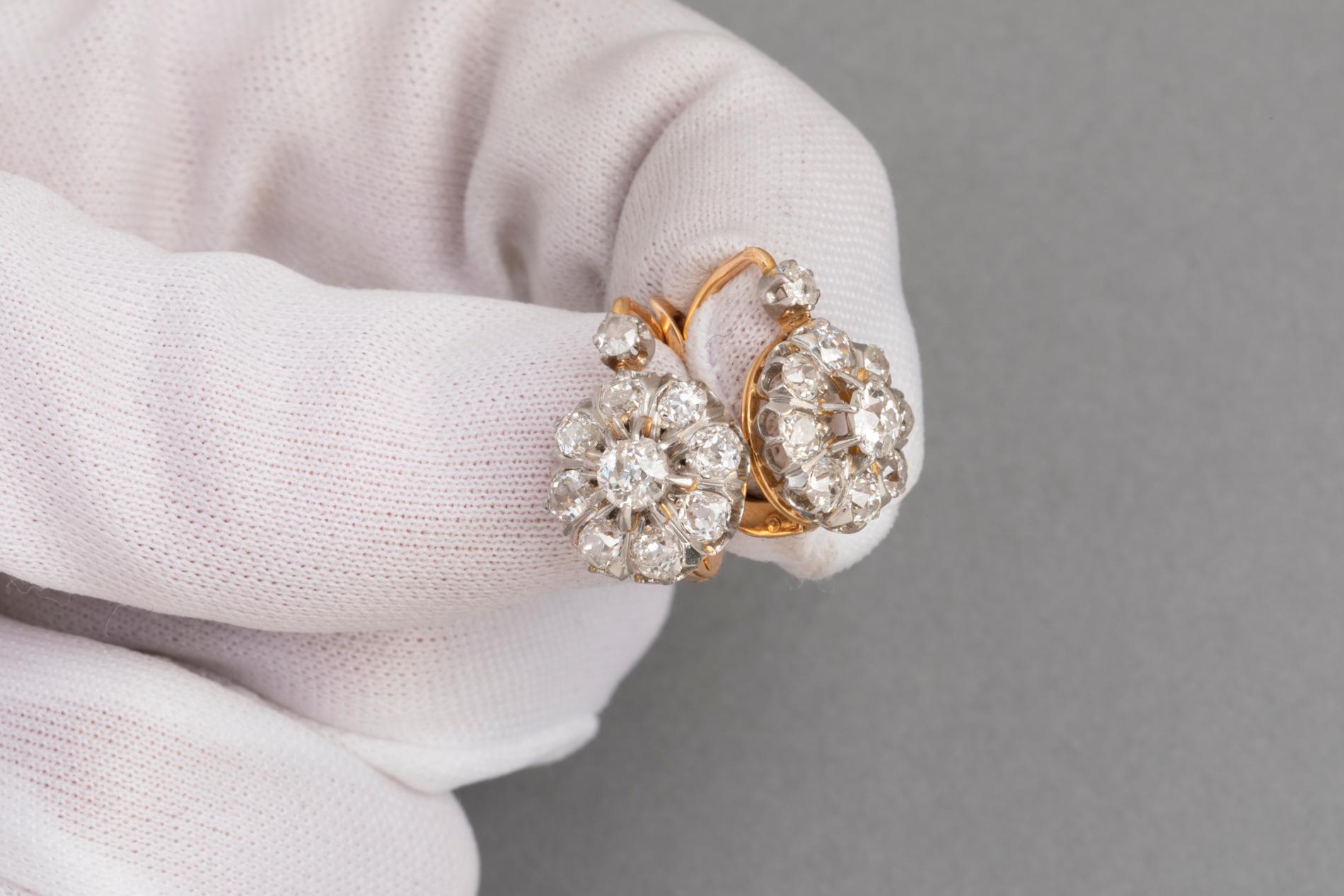 2 Carat Antique French Earrings, Gold Platinum and Diamonds 3