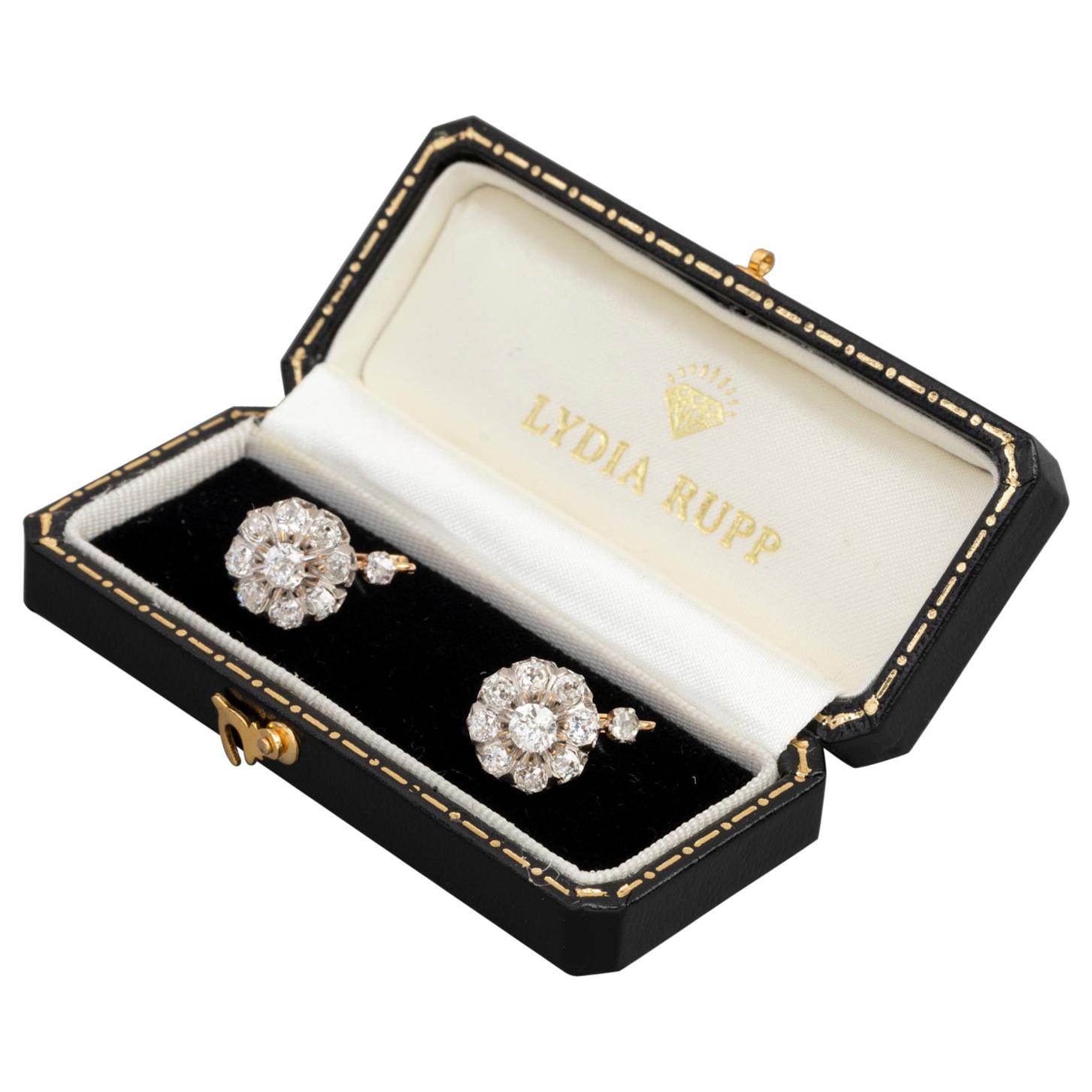 2 Carat Antique French Earrings, Gold Platinum and Diamonds
