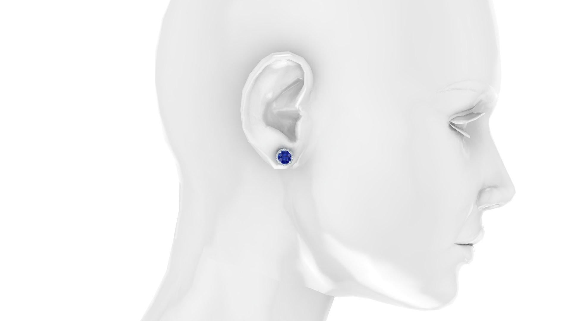 Art Deco 2 Carats Blue Sapphires in Platinum Diamond Halo Stud Earrings Screw Back Post For Sale