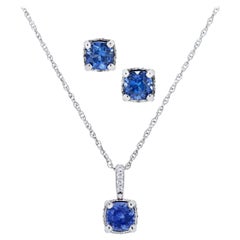 2 Carats Cushion Cut Sapphires and Diamonds Necklace and Earring Set in 14k WG