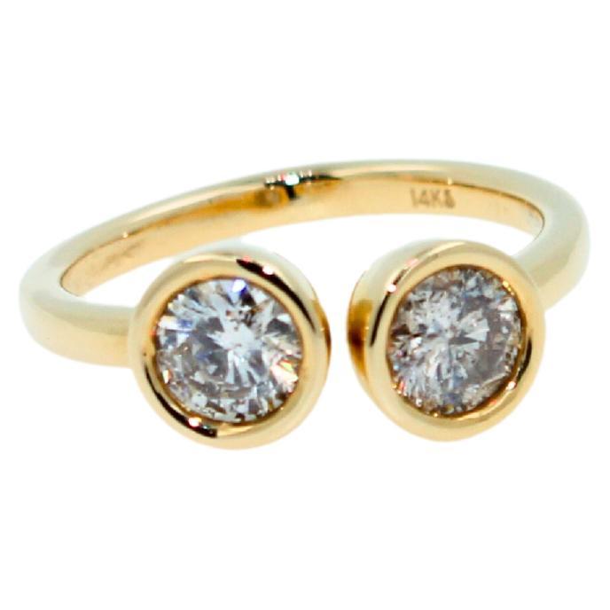 Modern 2 Carats Diamond Double Twin Cocktail Two Stone Bezel Solitaire Yellow Gold Ring For Sale