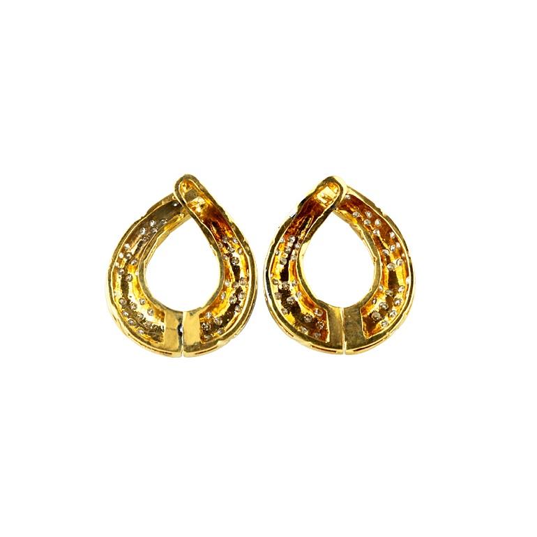 Round Cut 2 Carat Diamond Swoop Hinged Dangling Earrings in Two-Tone Gold For Sale
