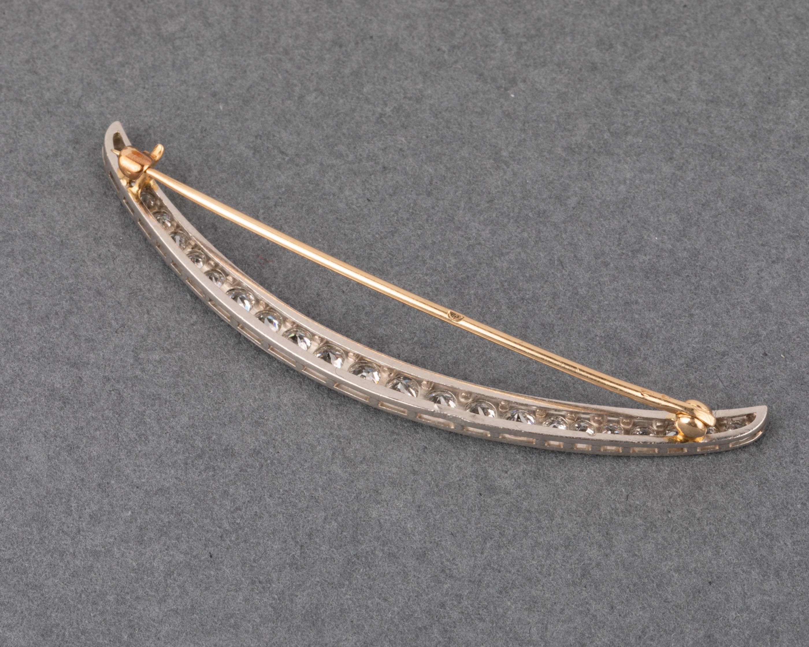 Old European Cut 2 Carats Diamonds Antique French Crescent Brooch For Sale