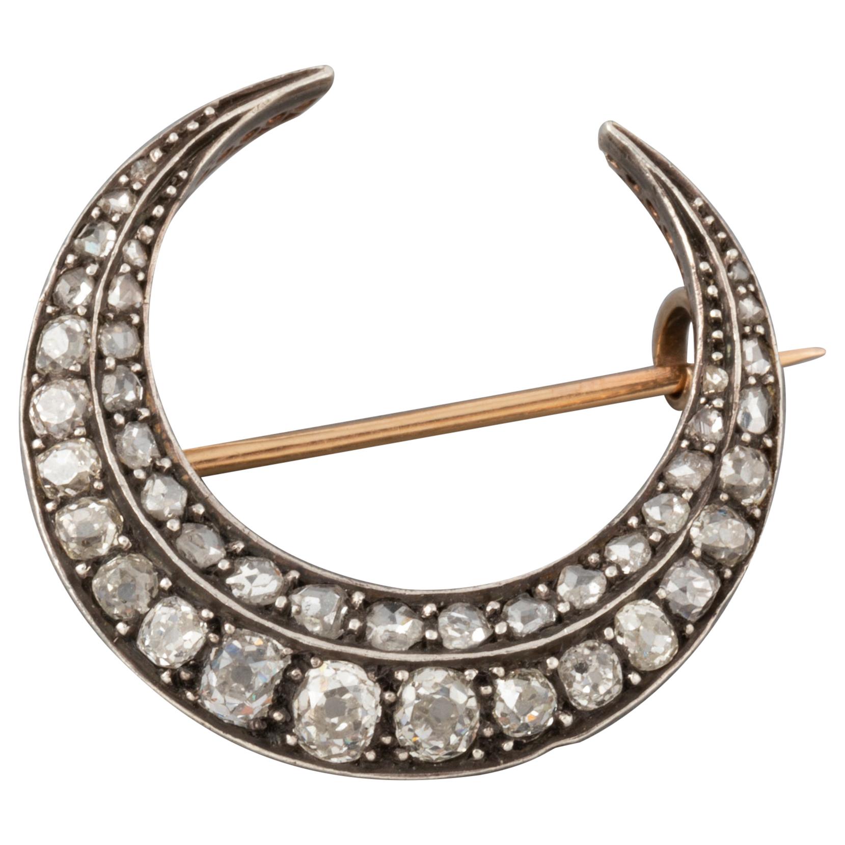 2 Carat Diamonds Antique French Crescent Brooch