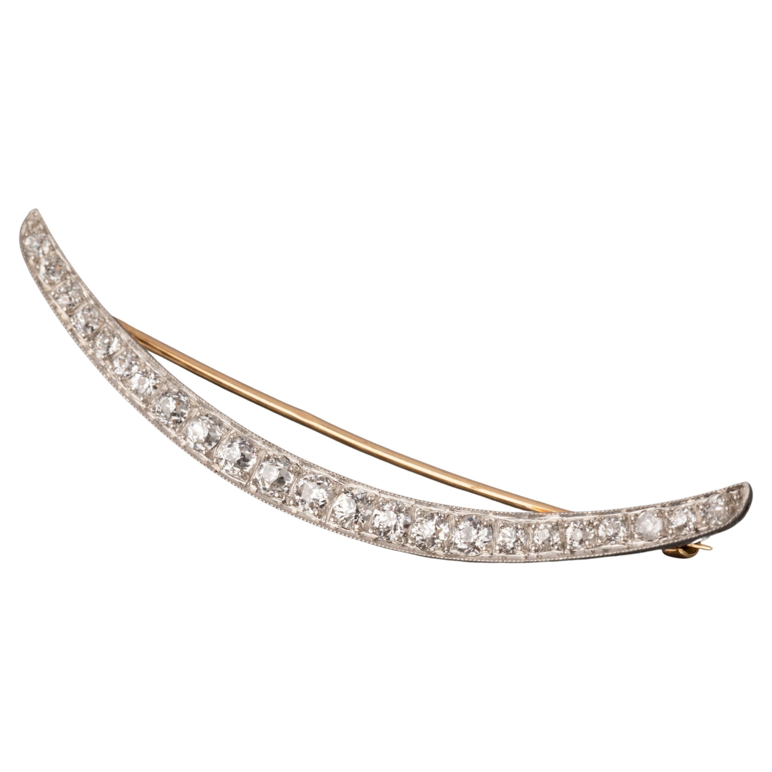 2 Carats Diamonds Antique French Crescent Brooch For Sale