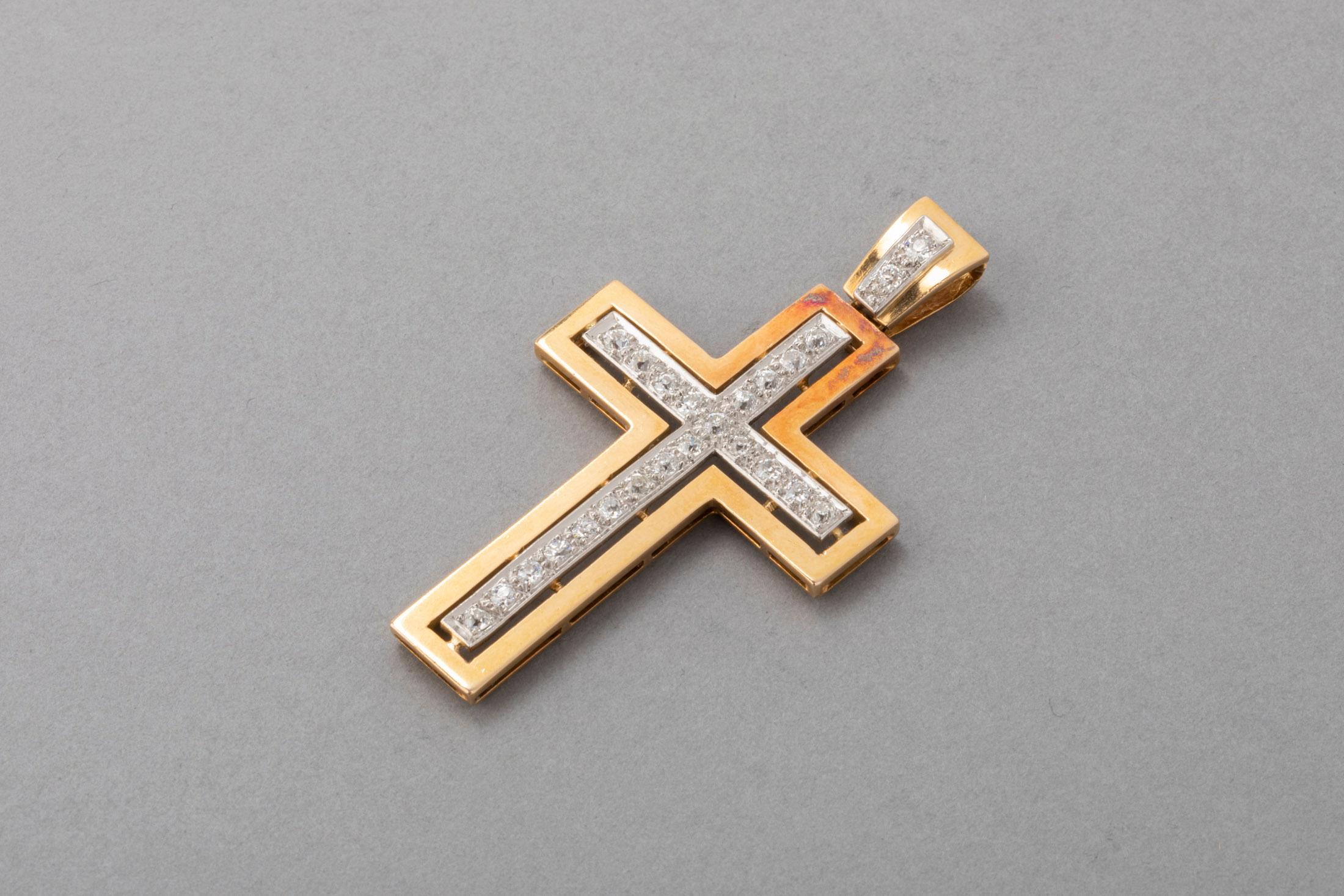 2 Carats Gold and Diamond French Antique Cross

Very beautiful cross, made in France circa 1930. 
25 diamonds for 2 carats estimate. Old european cut. They are god quality.
Dimensions of pendant: 5.8 * 3.2 cm.
Total weight: 13.60 grams.
