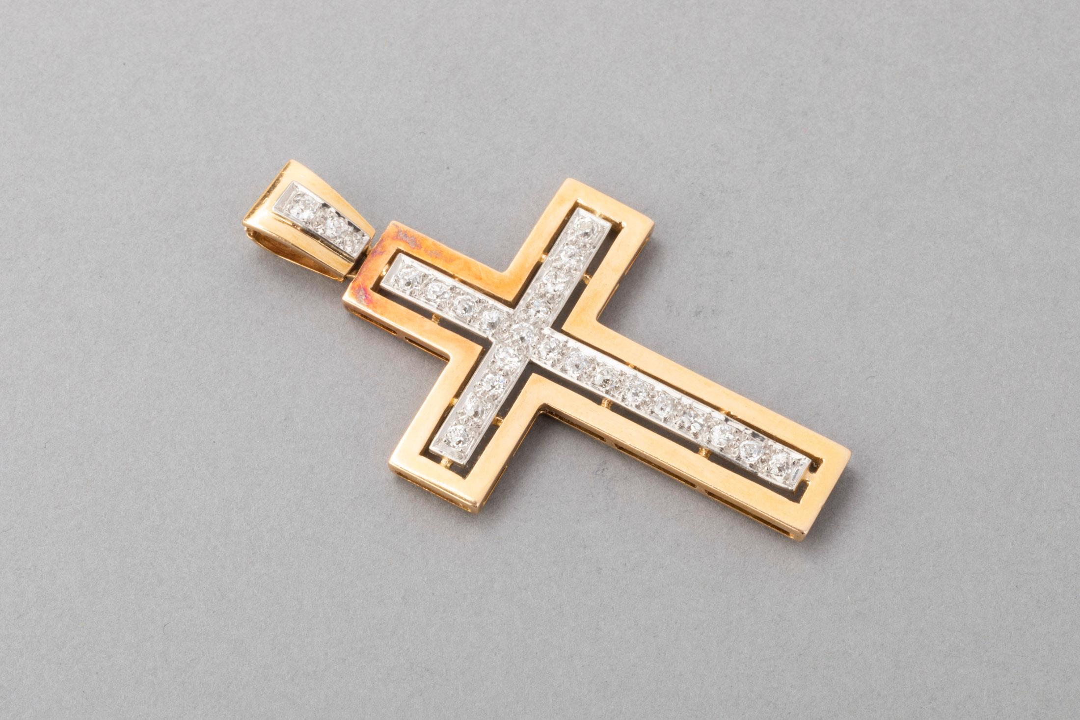 Women's or Men's 2 Carat Gold and Diamonds French Antique Cross