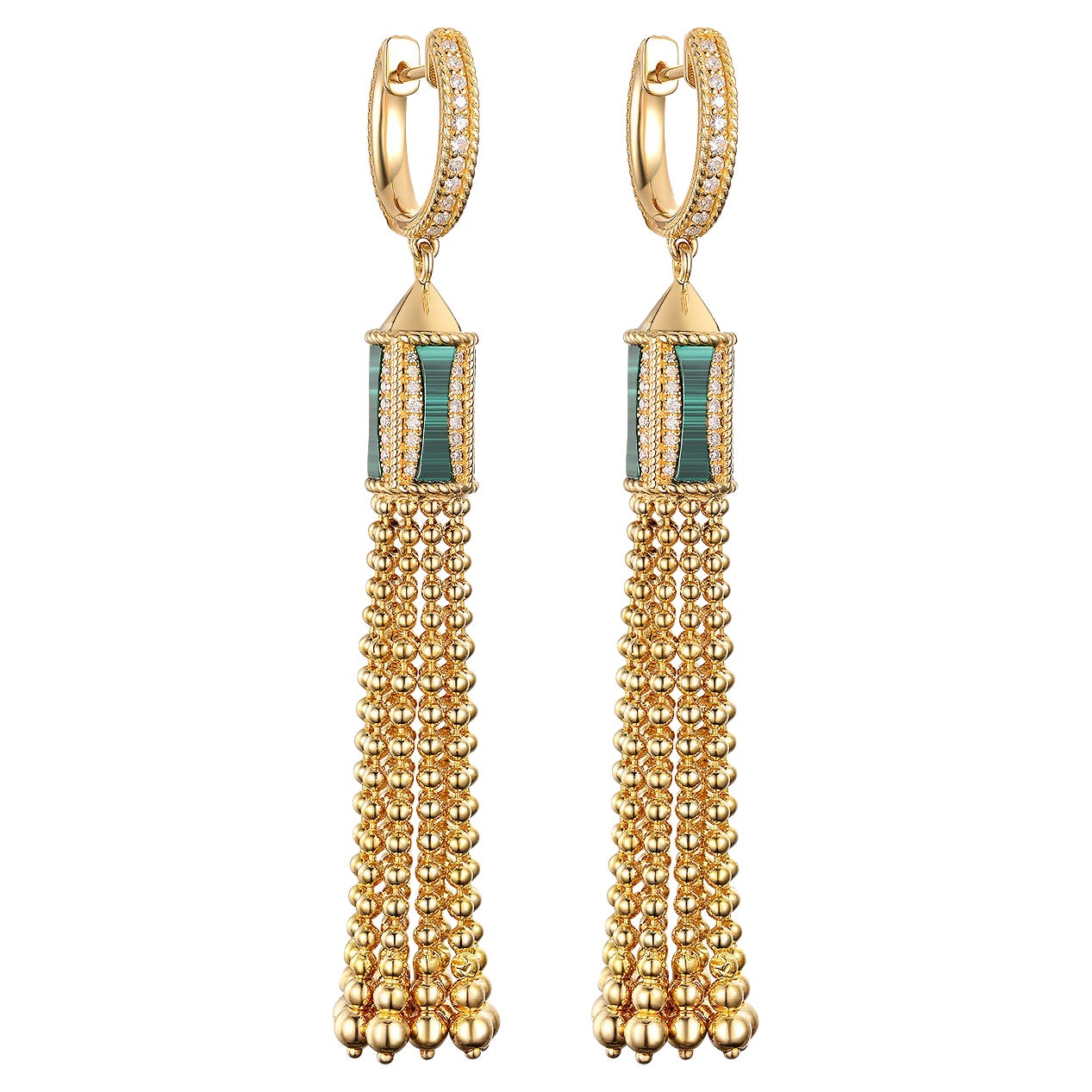 2 Carats Malachite and Diamond Dangle 14K Yellow Gold Earring