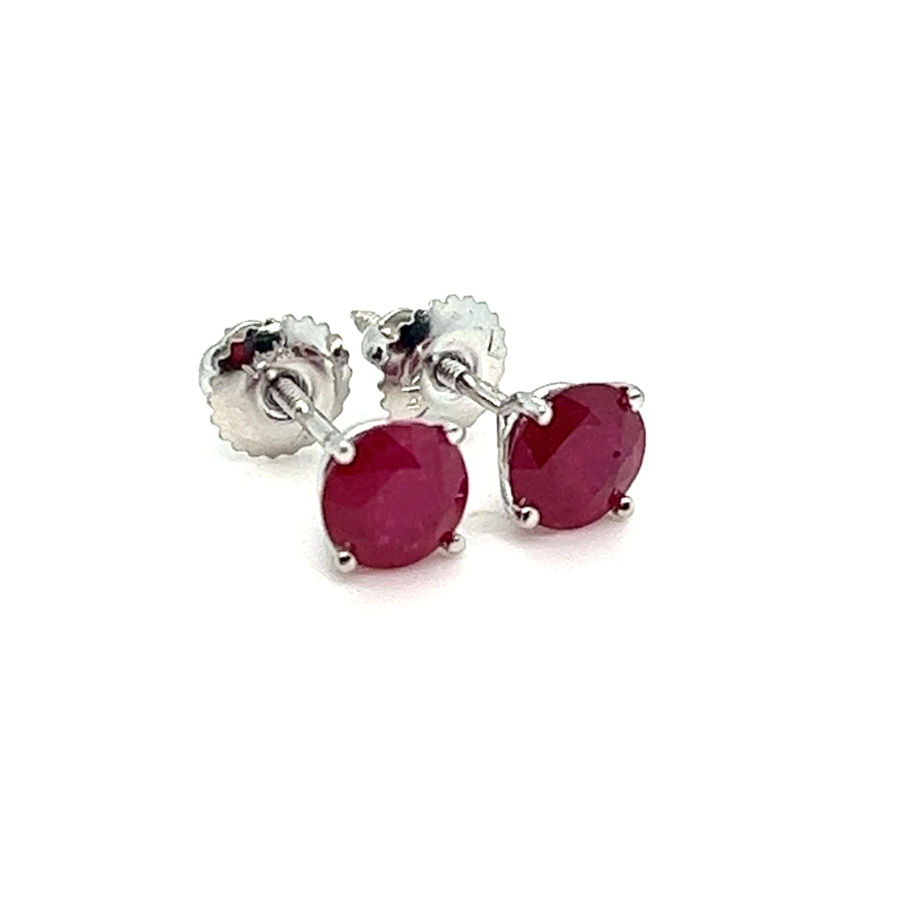 Contemporary 2 Carats Natural Ruby Stud Earring in 14K White Gold, Screw-Backs. For Sale