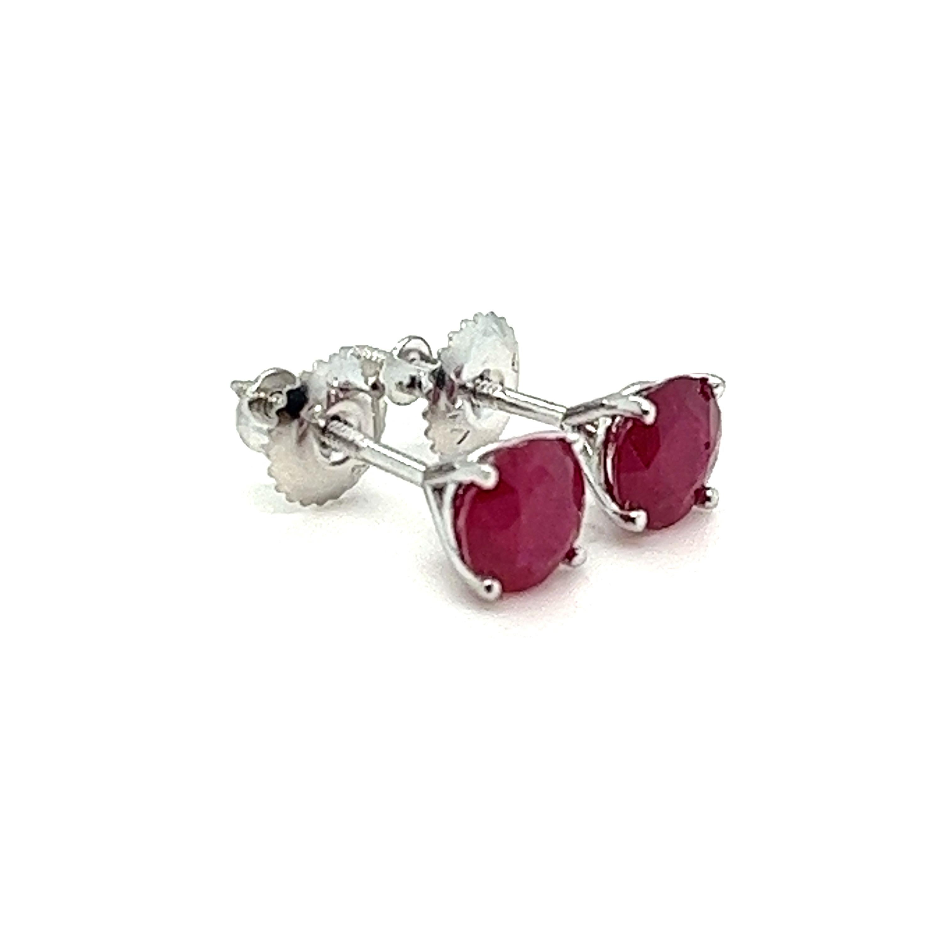 Brilliant Cut 2 Carats Natural Ruby Stud Earring in 14K White Gold, Screw-Backs. For Sale
